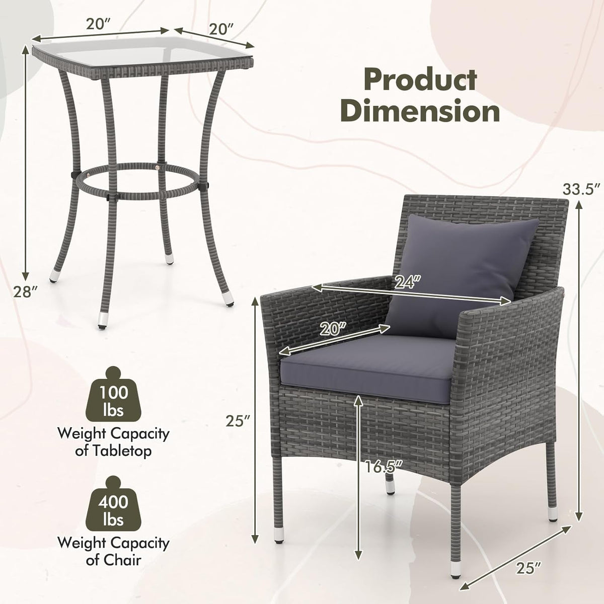 3 Piece Patio Set With Glass Table And Cushioned Chairs