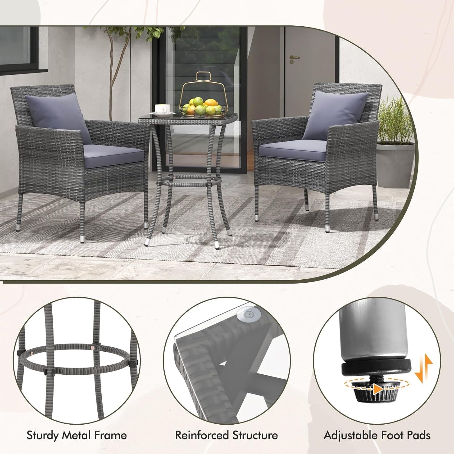 3 Piece Patio Set With Glass Table And Cushioned Chairs