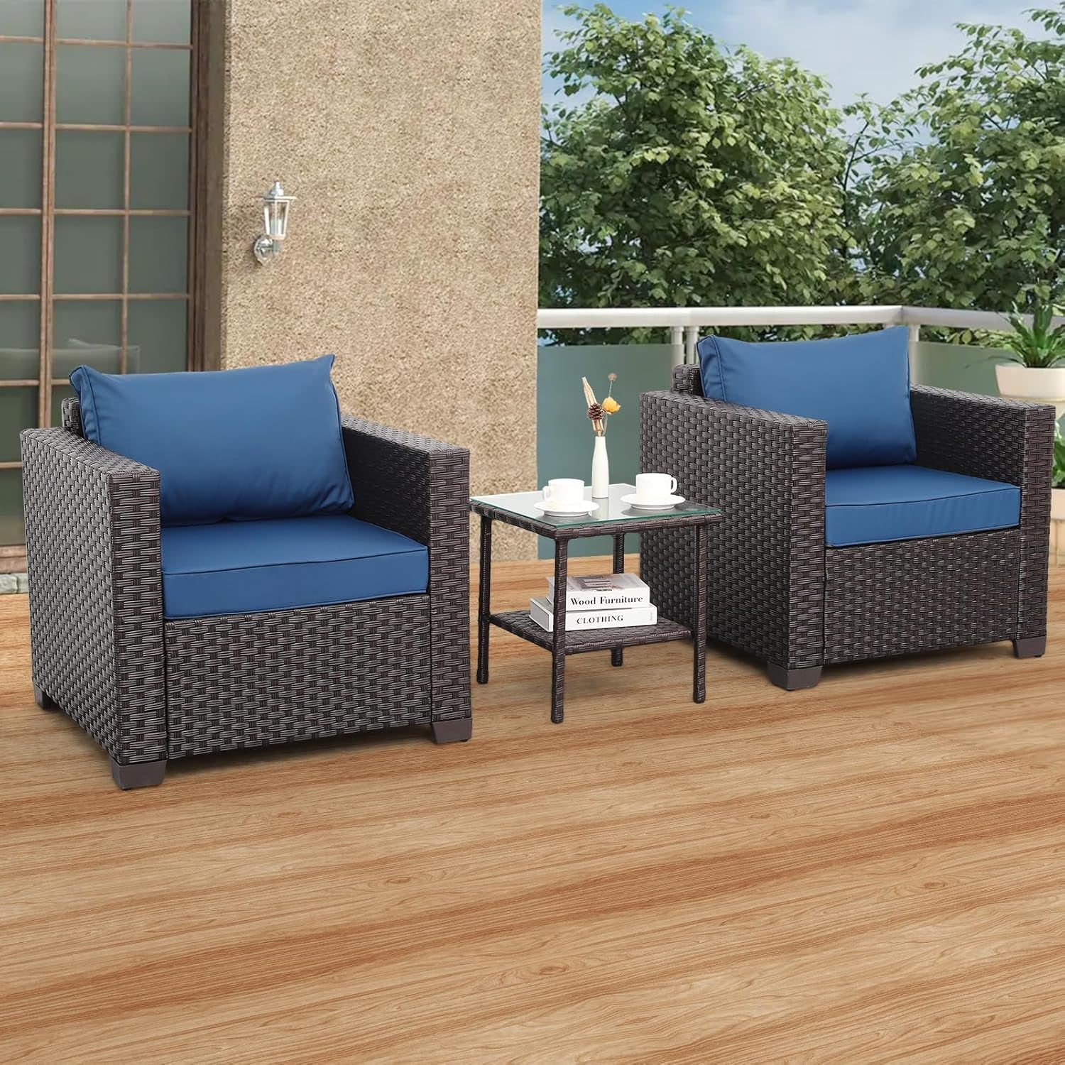 3 Piece Patio Set with Non-Slip Navy Cushions