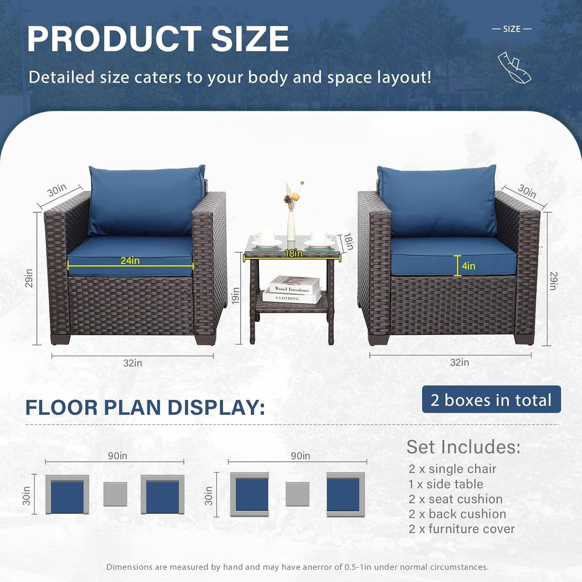 3 Piece Patio Set with Non-Slip Navy Cushions