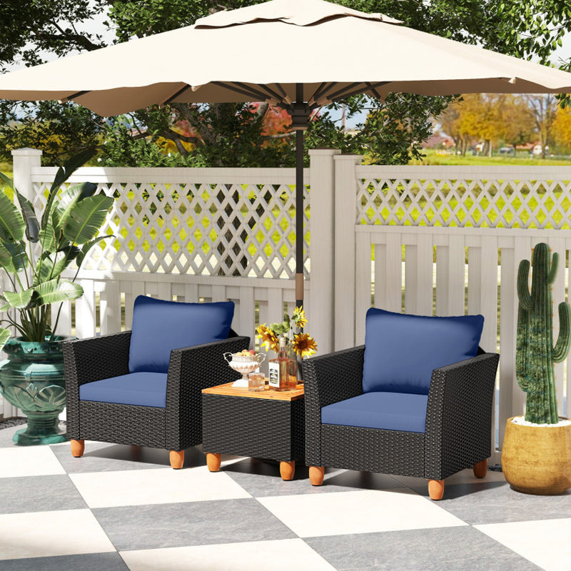 3 Piece Patio Wicker Furniture Set With Cushions And Acacia Wood Coffee Table Outdoor