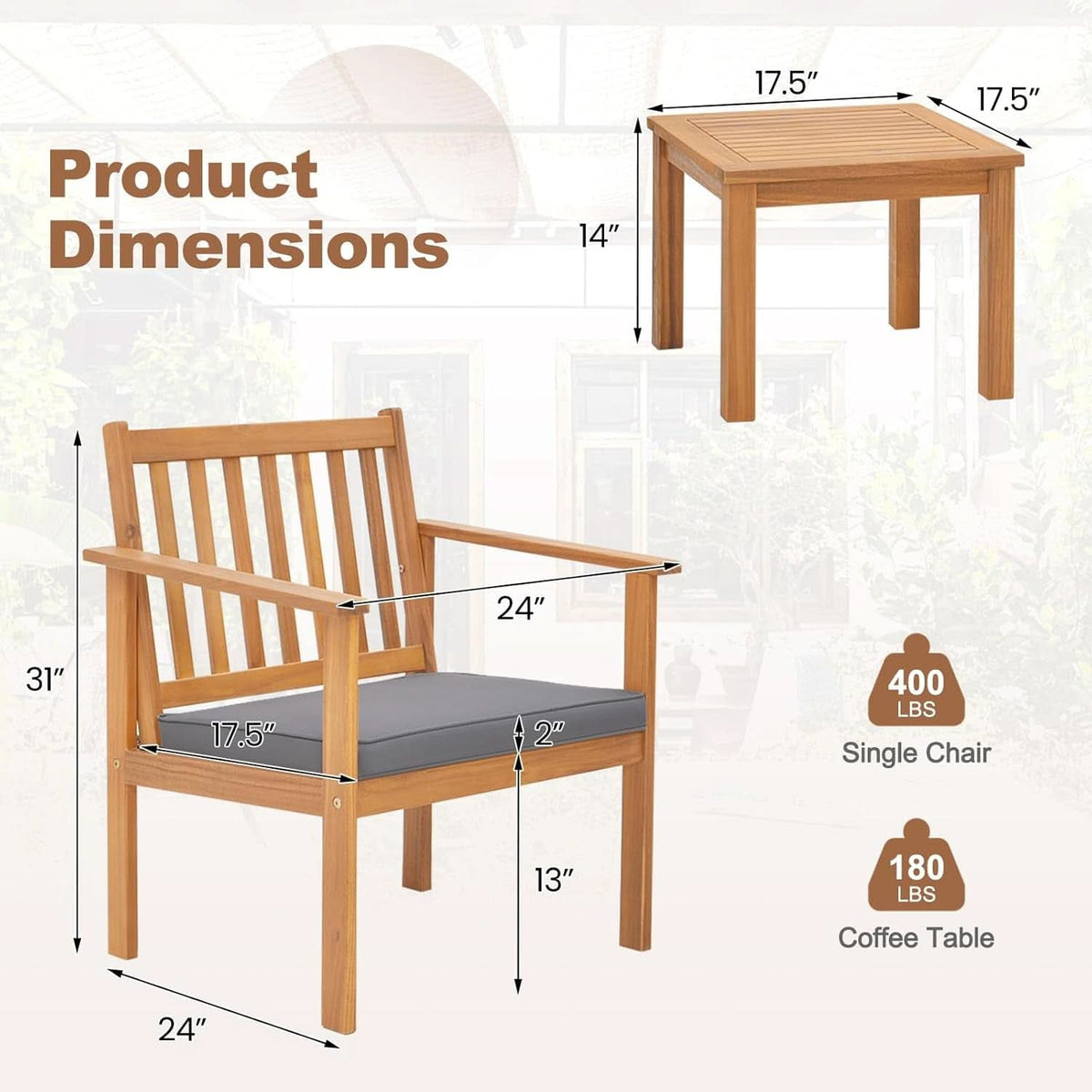 3 Piece Patio Wood Furniture Set With Acacia Wood Chairs And Coffee Table Cushions Slatted Grey Outdoor Set