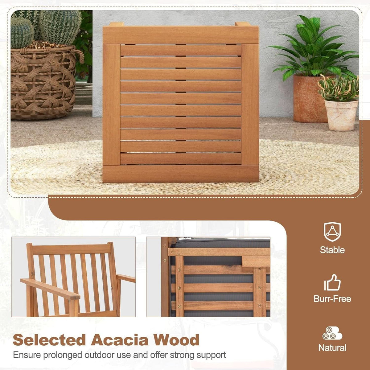 3 Piece Patio Wood Furniture Set With Acacia Wood Chairs And Coffee Table Cushions Slatted Grey Outdoor Set
