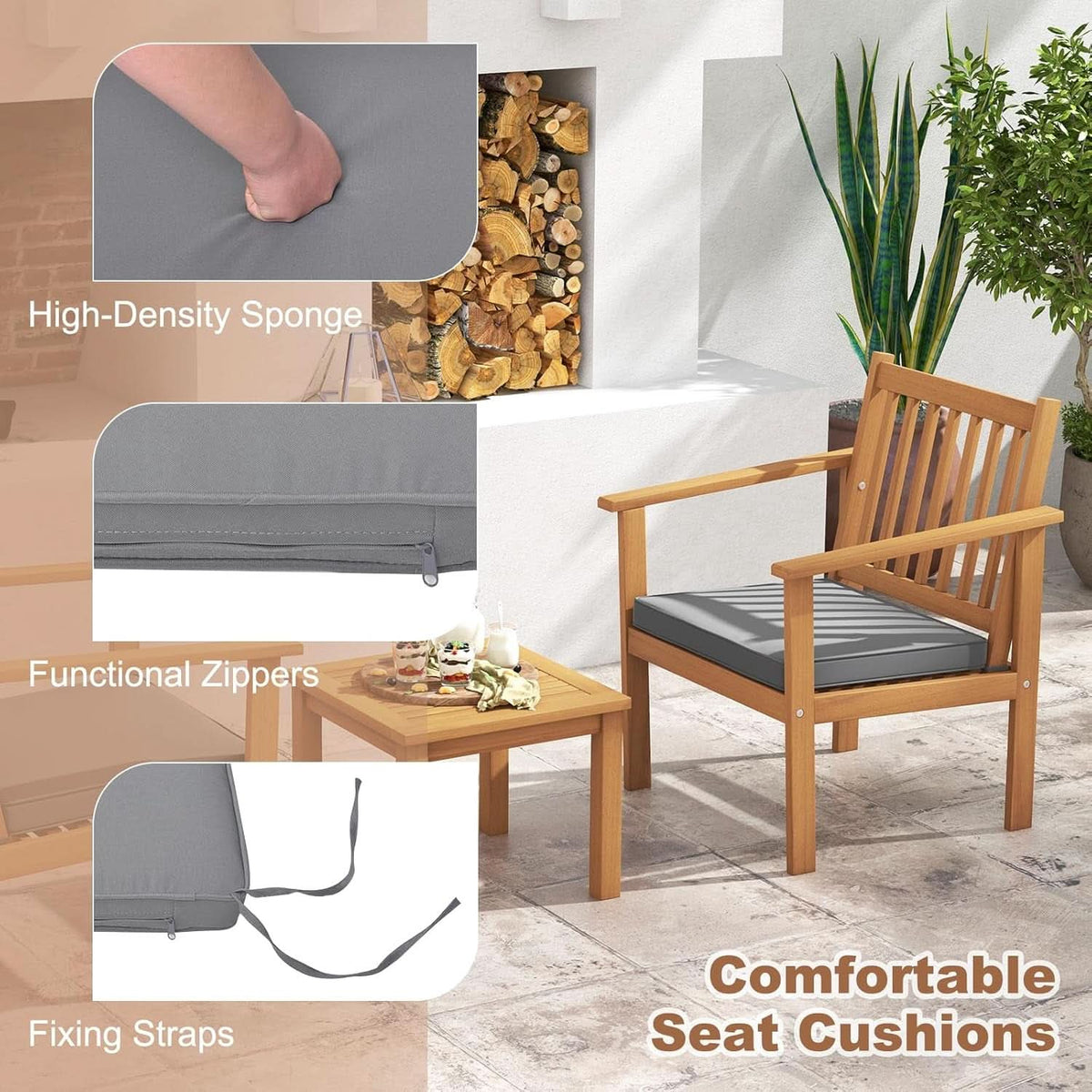 3 Piece Patio Wood Furniture Set With Acacia Wood Chairs And Coffee Table Cushions Slatted Grey Outdoor Set