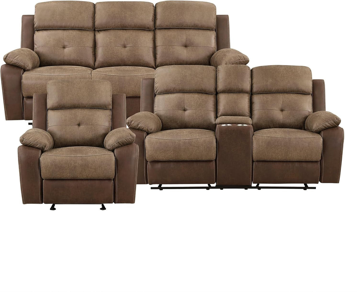 3 Piece Reclining Living Room Sofa Set Brown Fabric