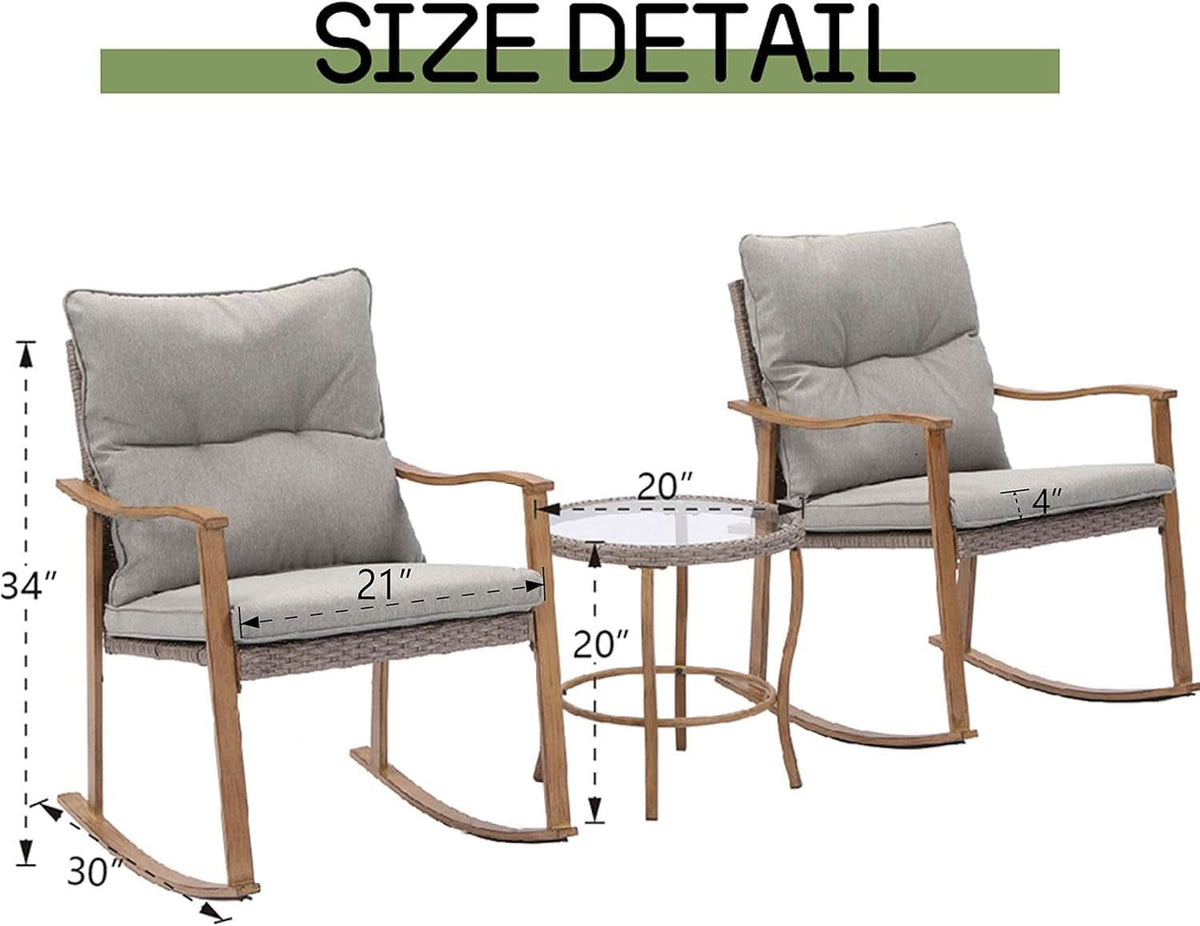 3 Piece Rocking Chairs Bistro Set Warm Gray Cushions
