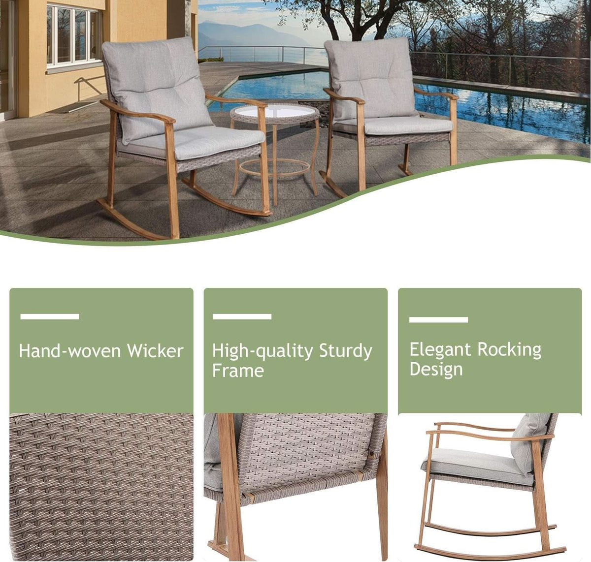3 Piece Rocking Chairs Bistro Set Warm Gray Cushions