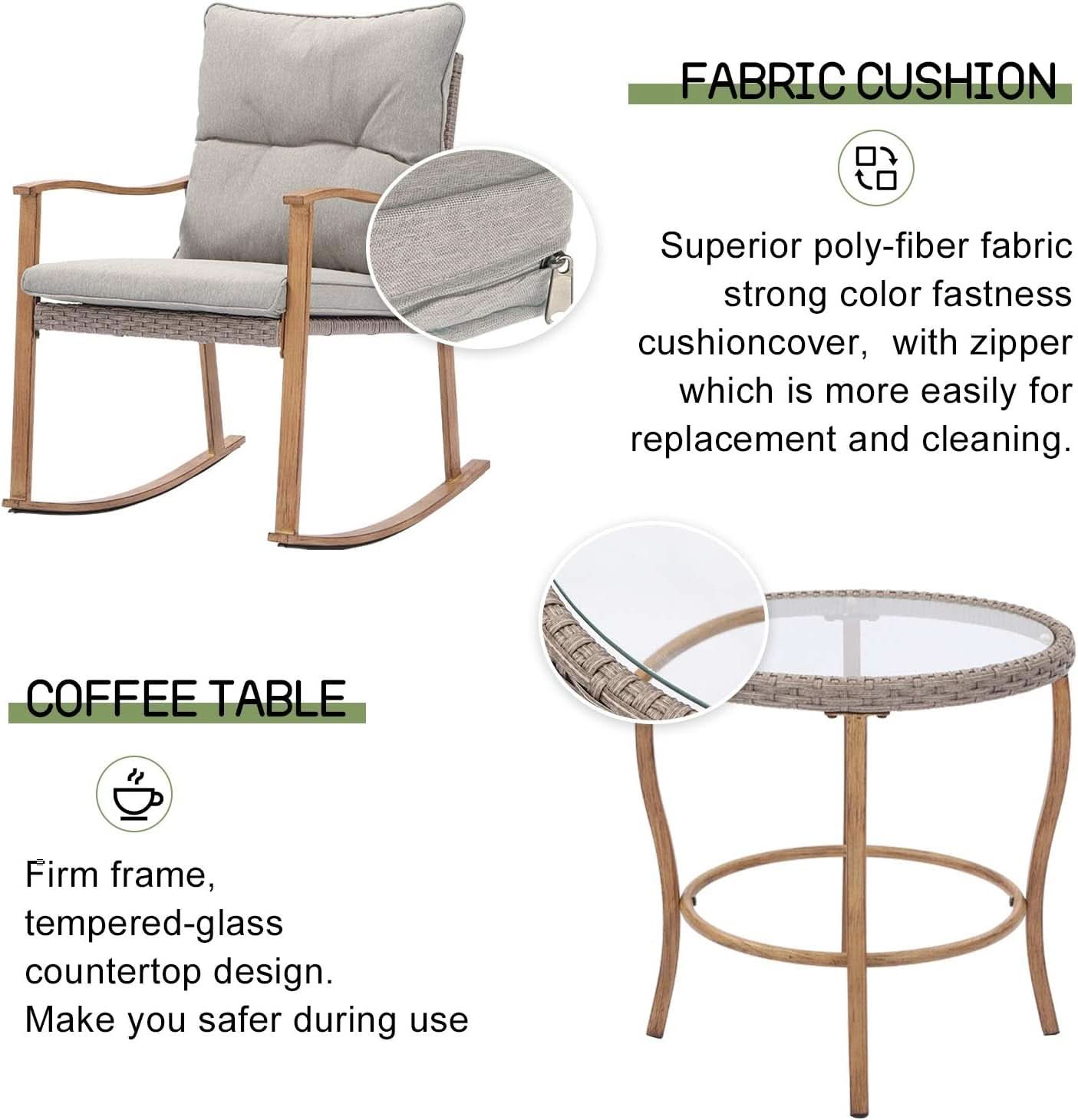 3 Piece Rocking Chairs Bistro Set Warm Gray Cushions