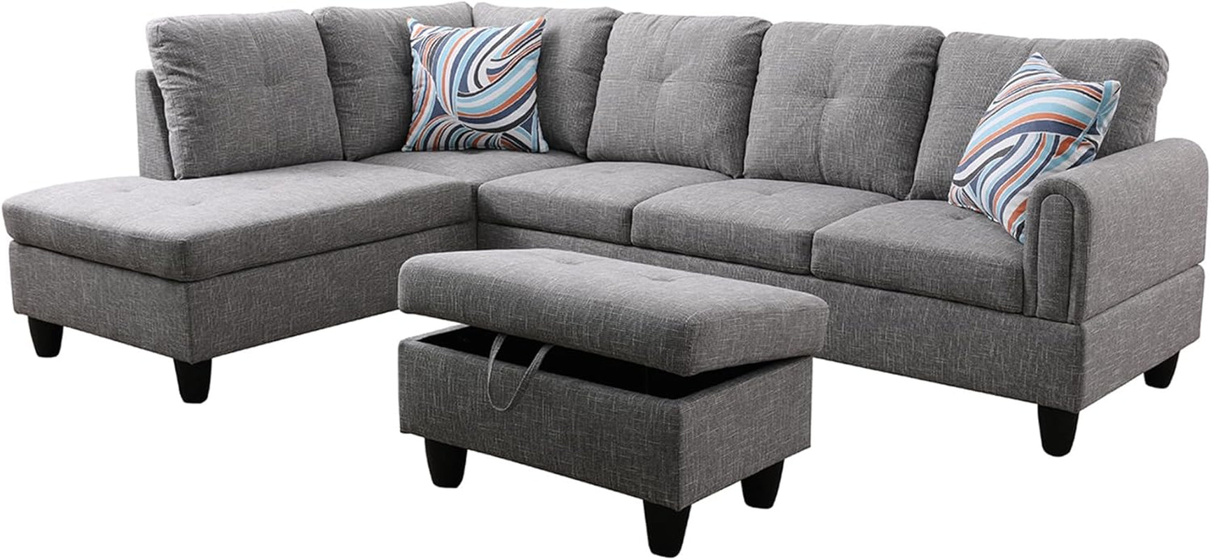 3 Piece Sectional Sofa Set Left Facing Chaise Grey