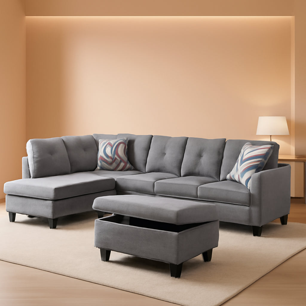 3 Piece Sectional Sofa Set Left Facing Chaise Grey