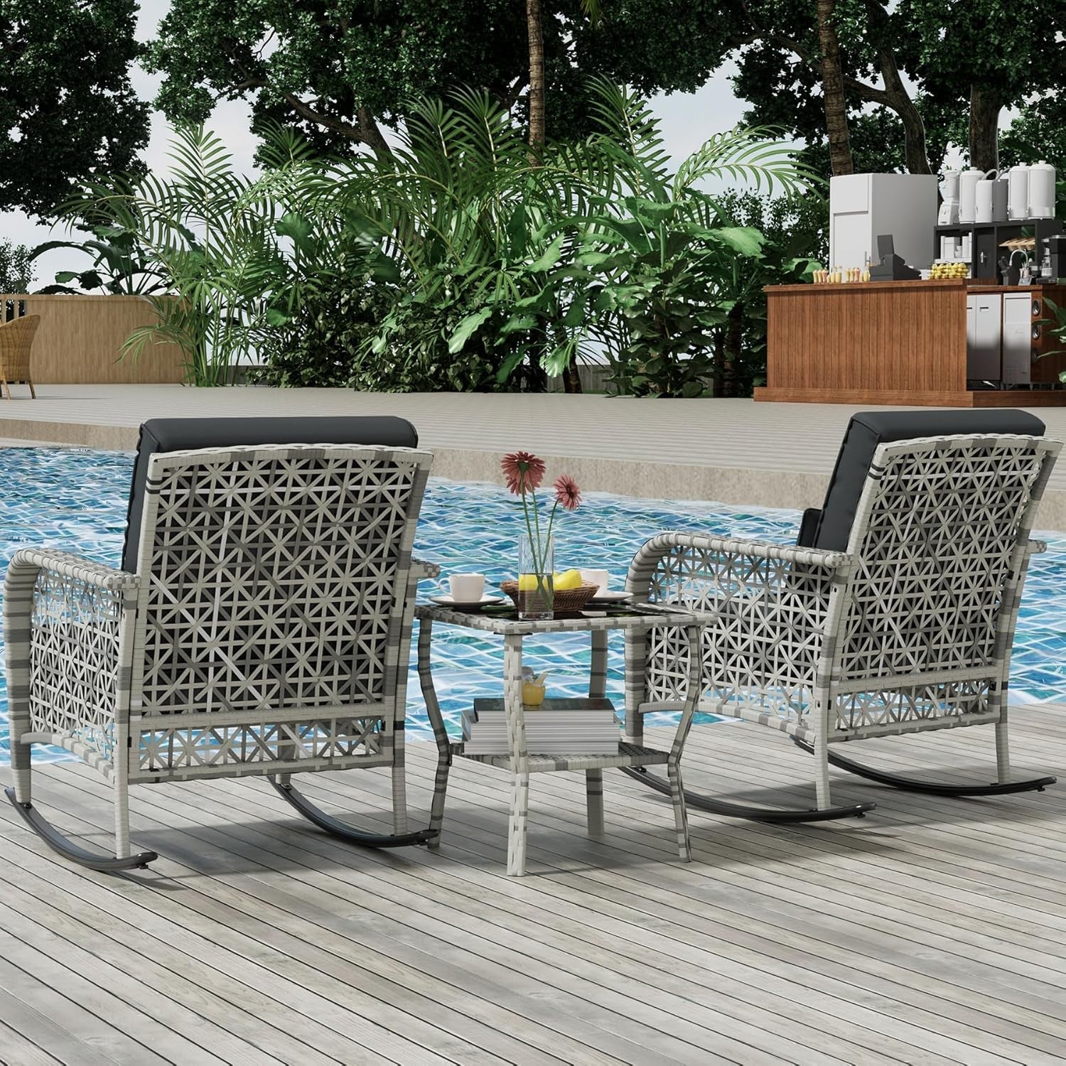 3 Piece Slate Grey Wicker Patio Rocking Chair Set With Glass Coffee Table Outdoor Furniture