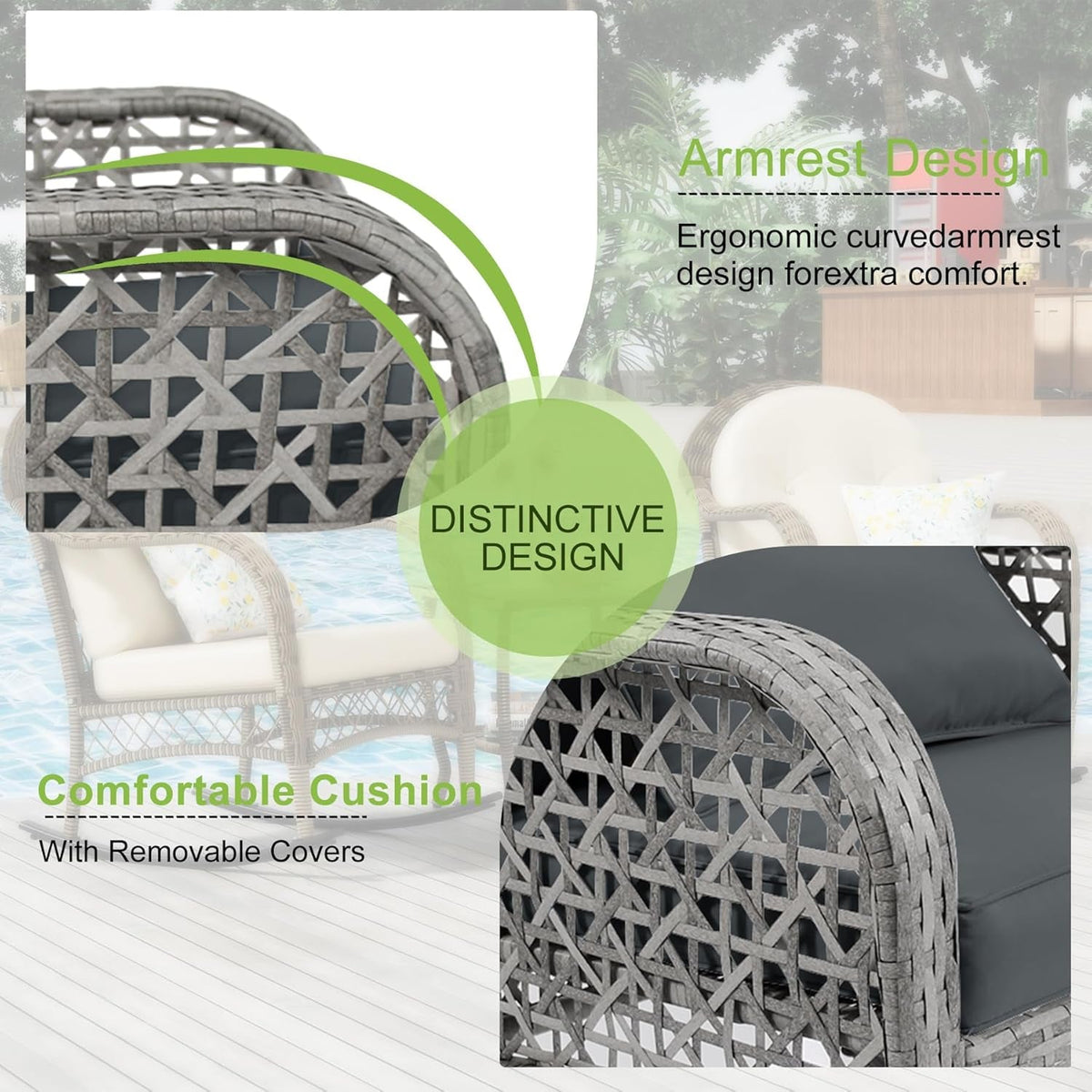 3 Piece Slate Grey Wicker Patio Rocking Chair Set With Glass Coffee Table Outdoor Furniture