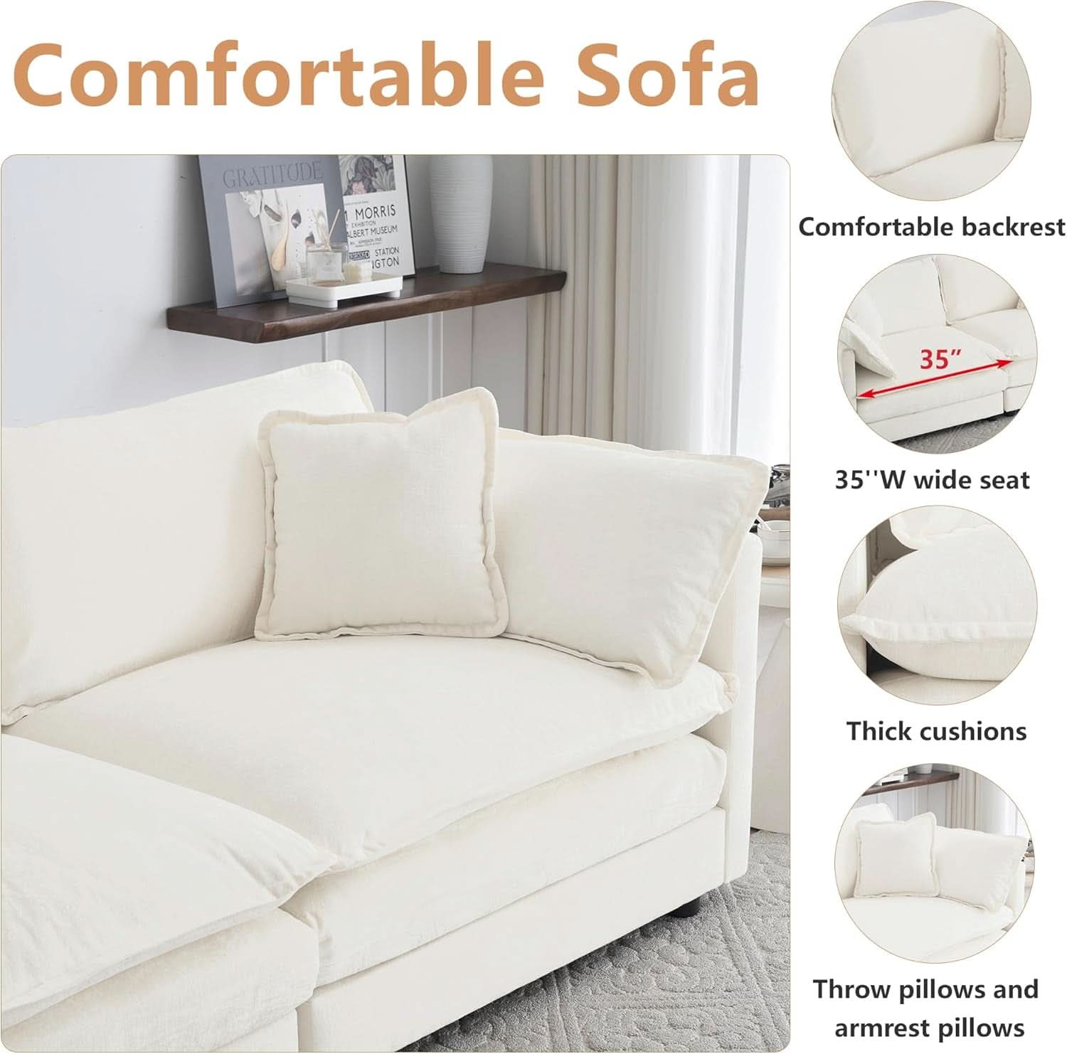 3 Piece Sofa Set Beige Chenille With 7 Pillows Living Room