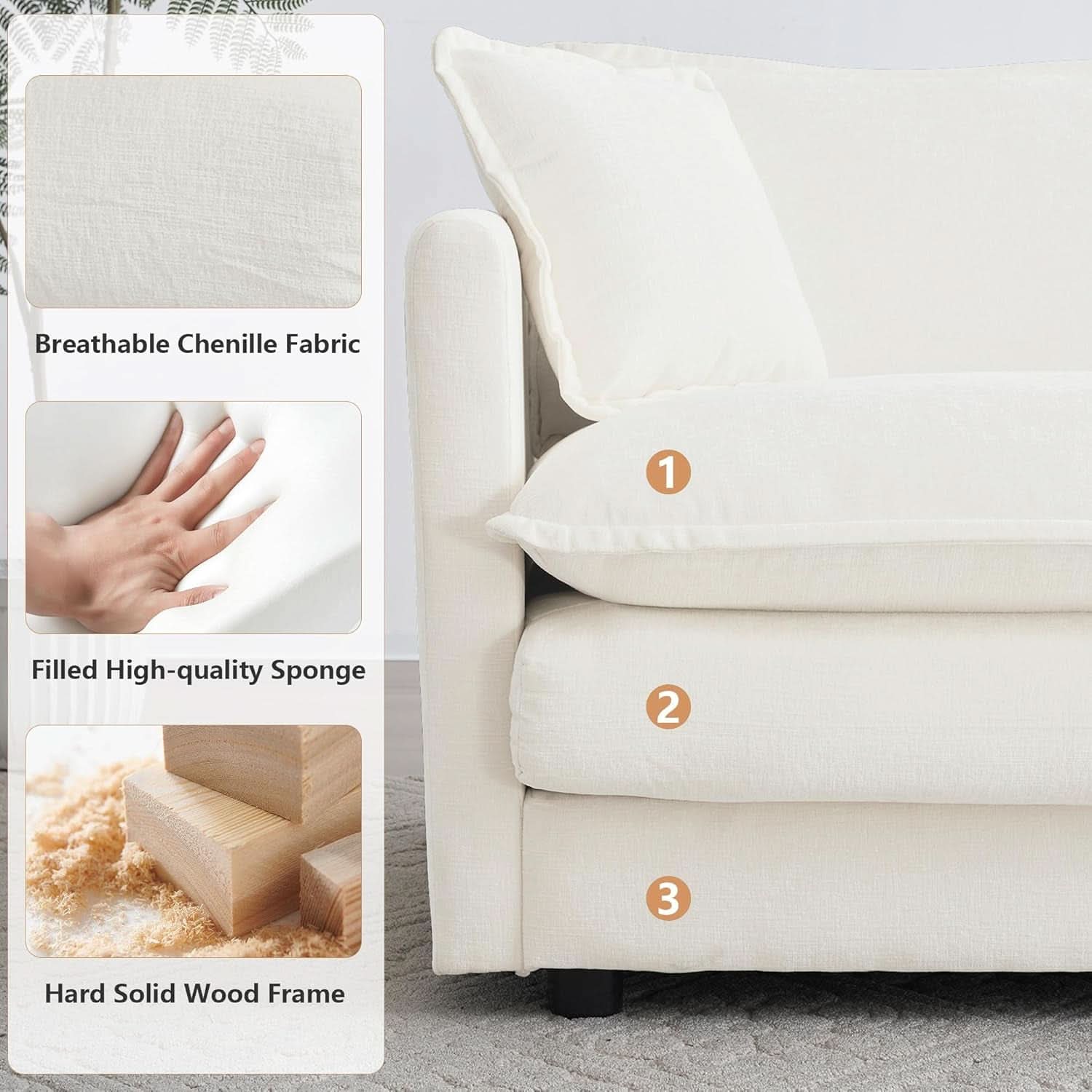 3 Piece Sofa Set Beige Chenille With 7 Pillows Living Room