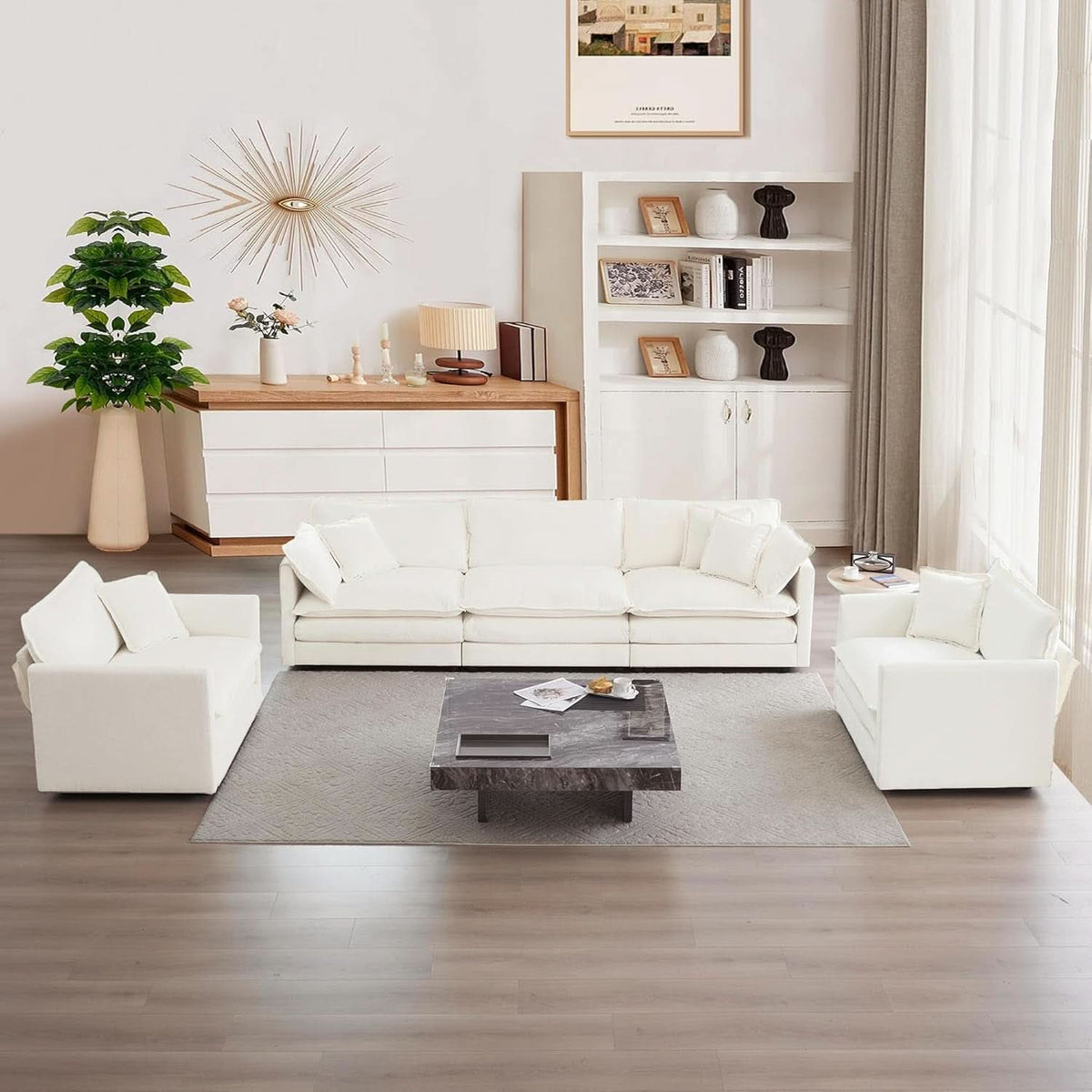 3 Piece Sofa Set Beige Chenille With 7 Pillows Living Room