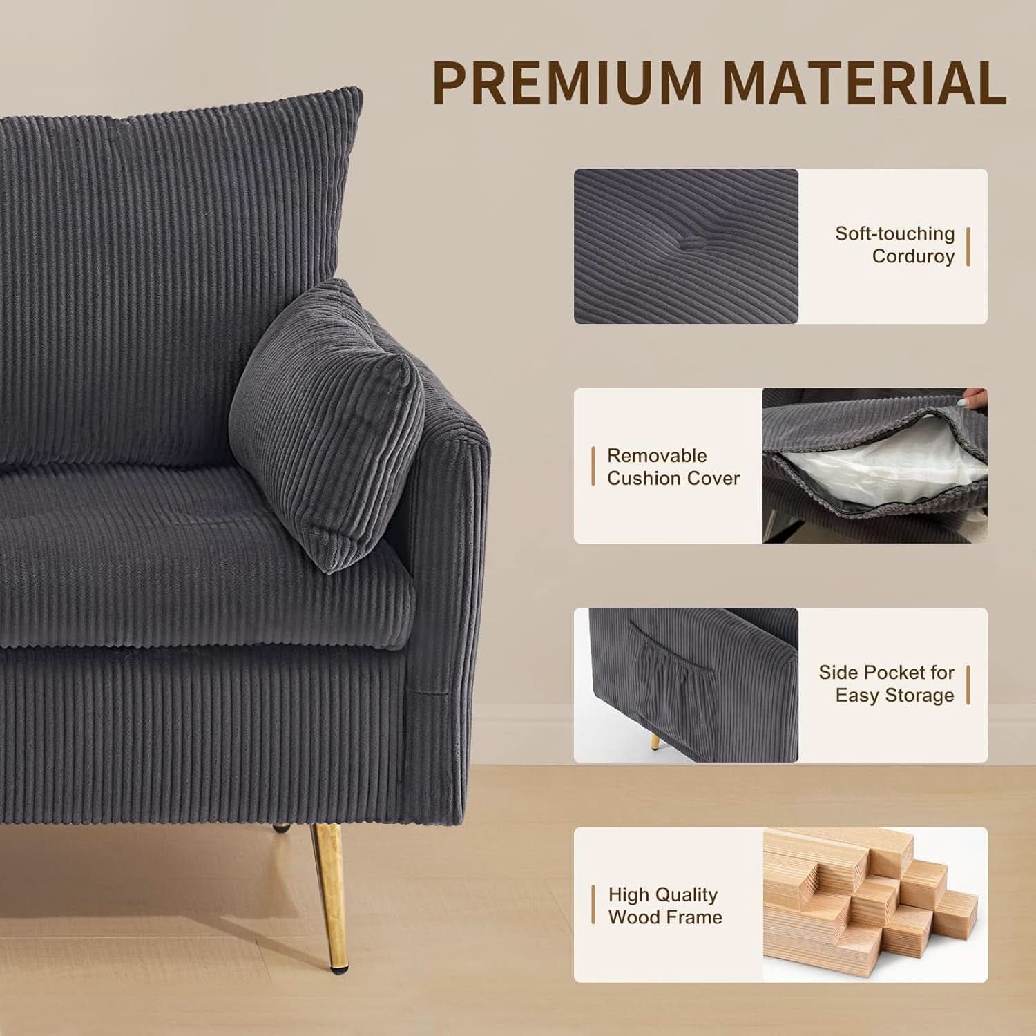 3 Piece Storage Sofa Set With Corduroy Gray Loveseat