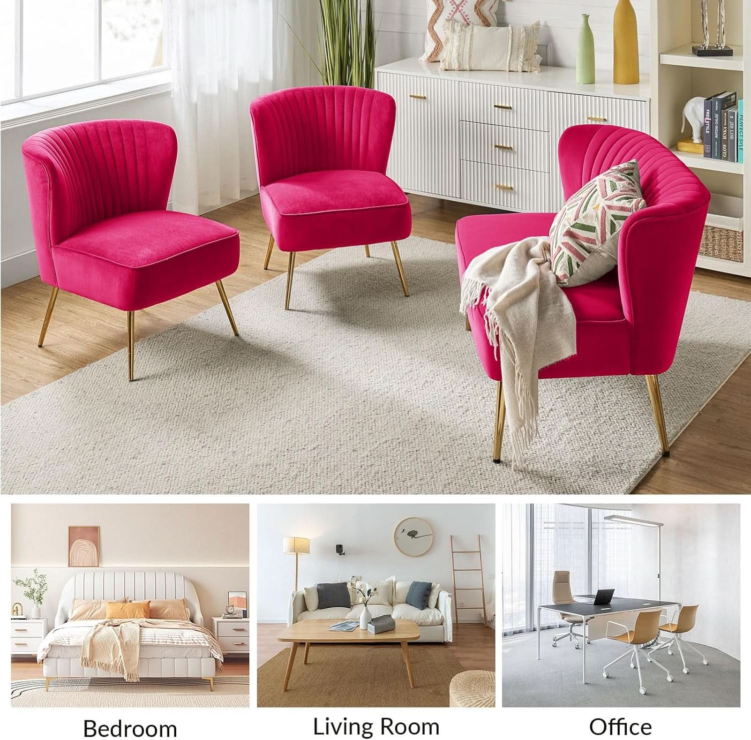 3 Piece Velvet Living Room Set Fuchsia Loveseat With Gold Legs And Accent Chairs
