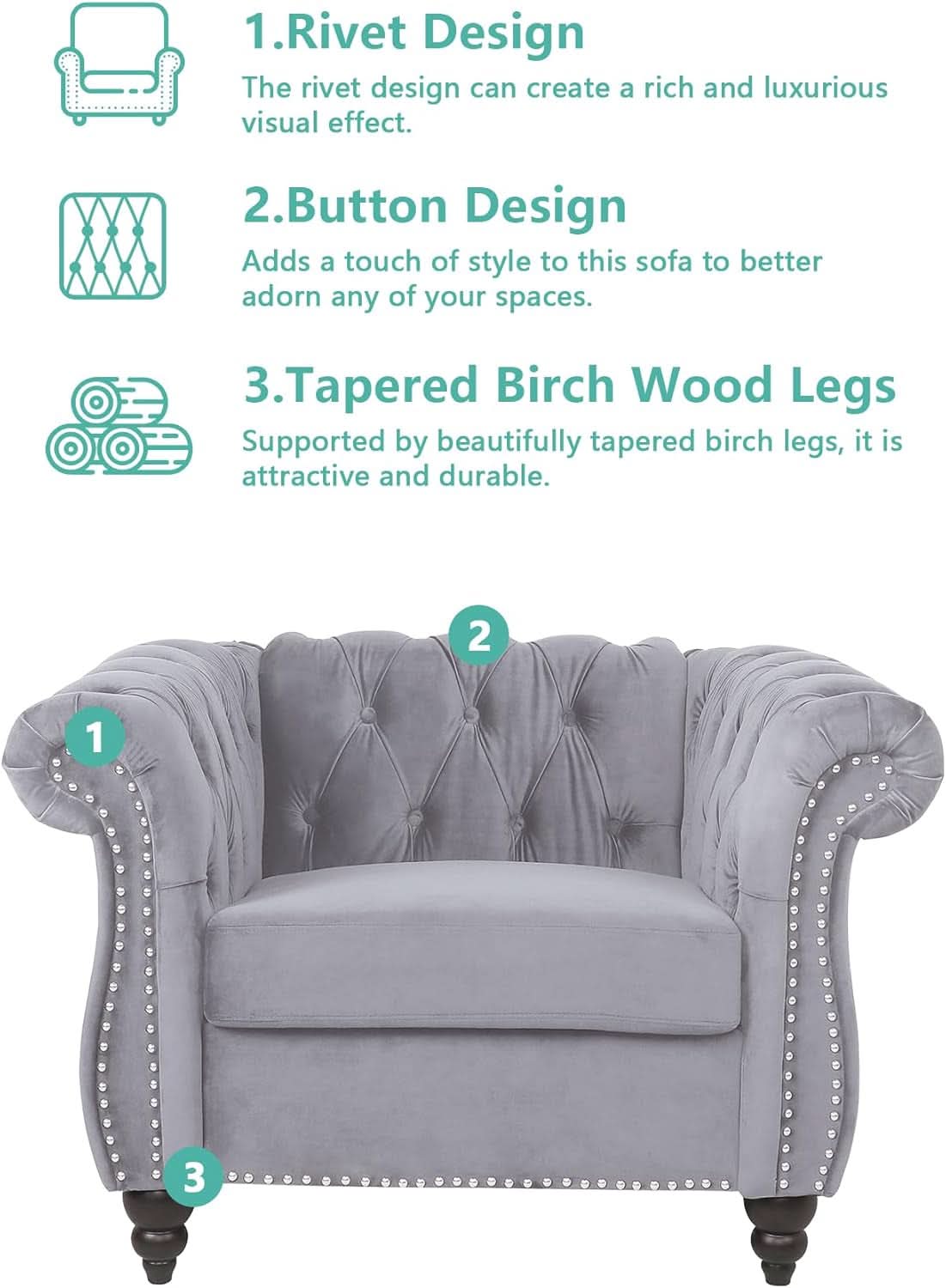 3 Piece Velvet Living Room Set Sectional Chesterfield Sofa Upholstered Loveseat And Chair