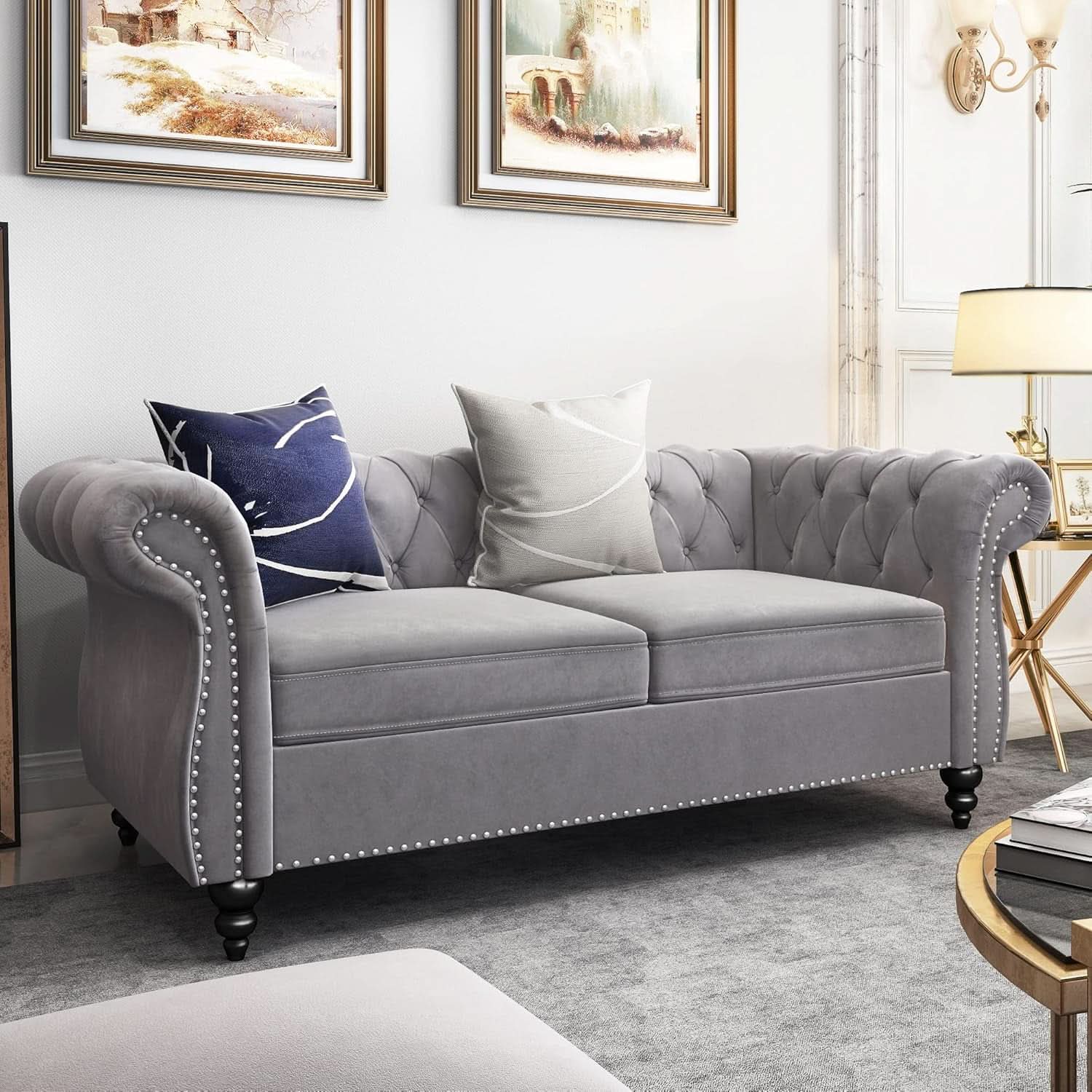 3 Piece Velvet Living Room Set Sectional Chesterfield Sofa Upholstered Loveseat And Chair