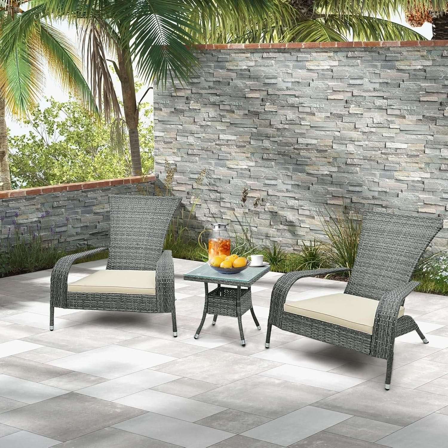 3 Piece Wicker Adirondack Patio Set With Cushioned Chairs
