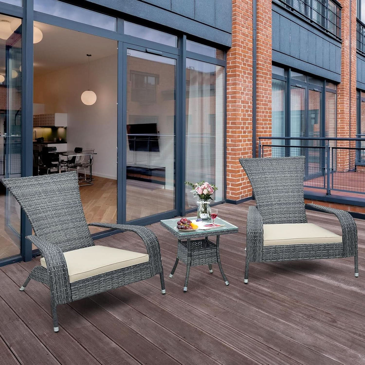 3 Piece Wicker Adirondack Patio Set With Cushioned Chairs
