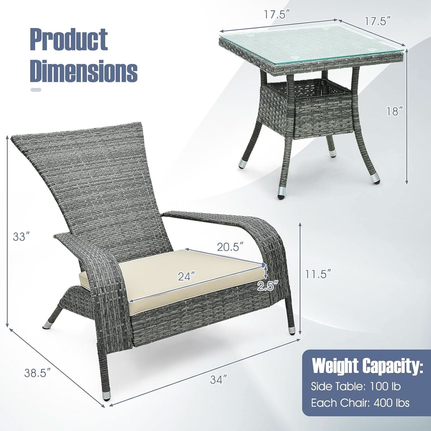 3 Piece Wicker Adirondack Patio Set With Cushioned Chairs