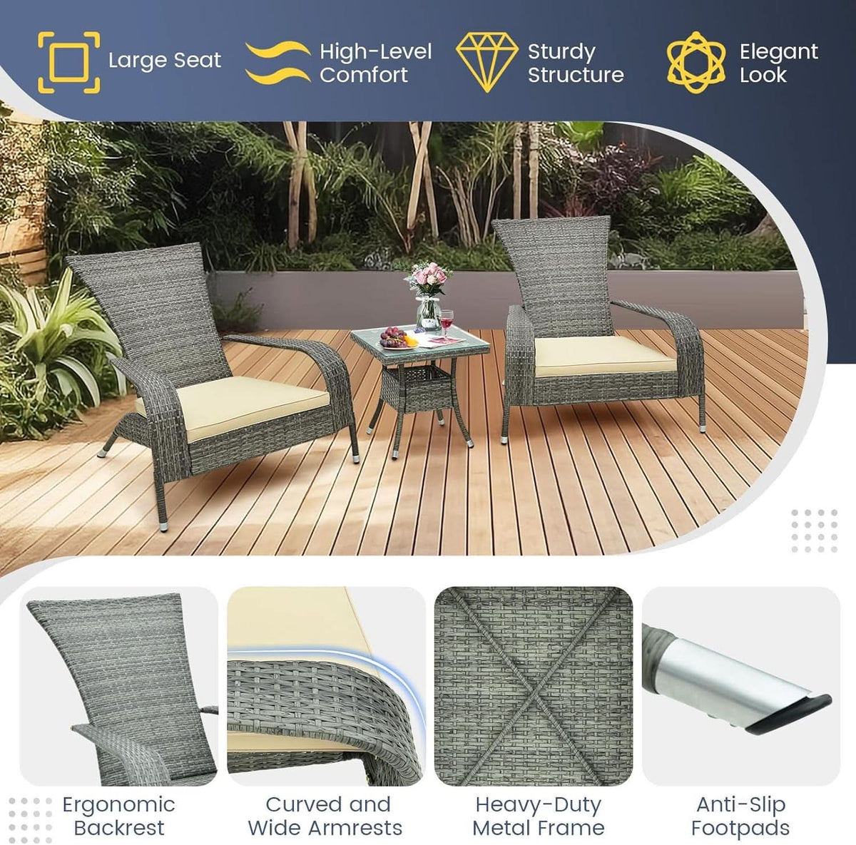 3 Piece Wicker Adirondack Patio Set With Cushioned Chairs
