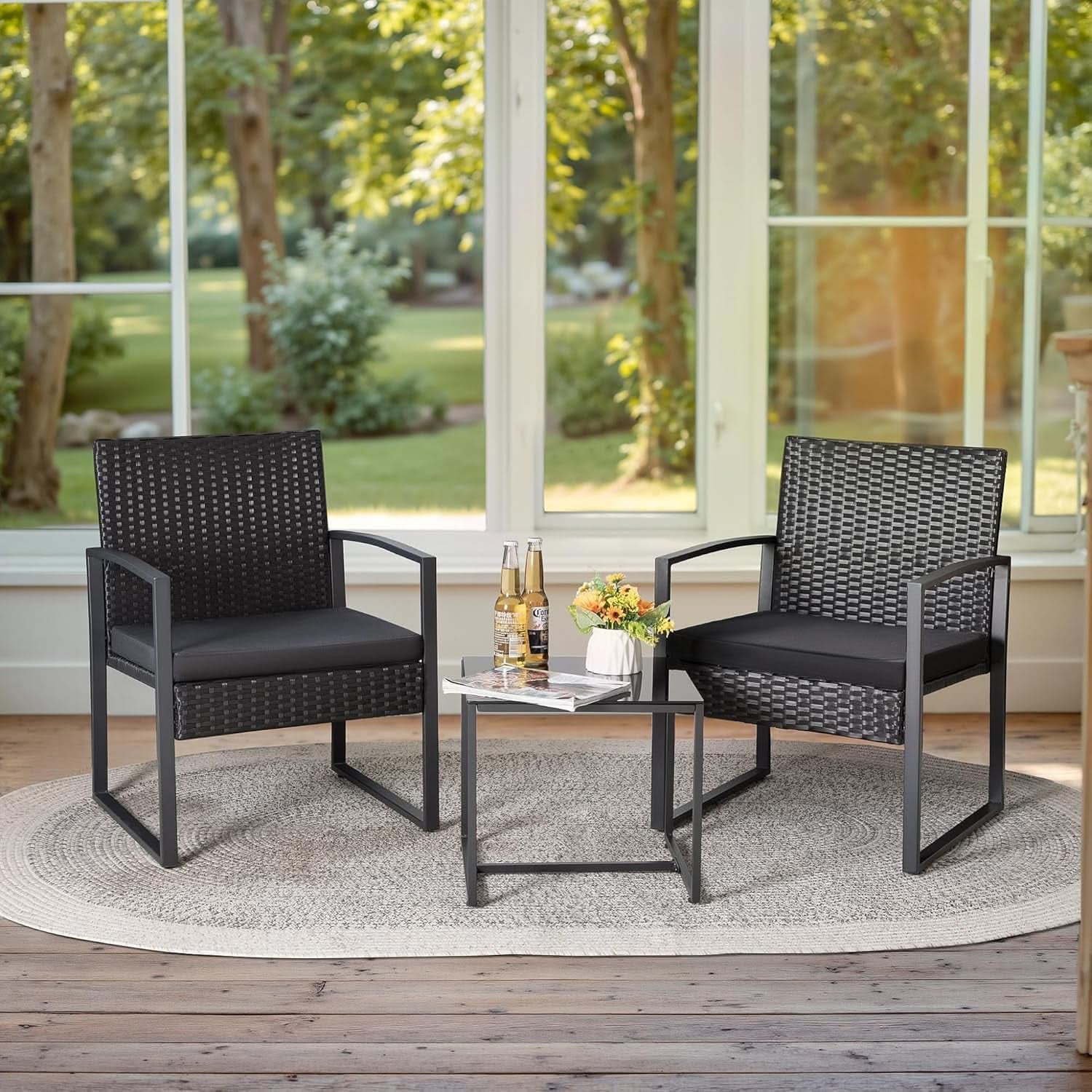 3 Piece Wicker Conversation Bistro Set Outdoor Patio Furniture Black Rattan Chairs Coffee Table For Garden Lawn Porch