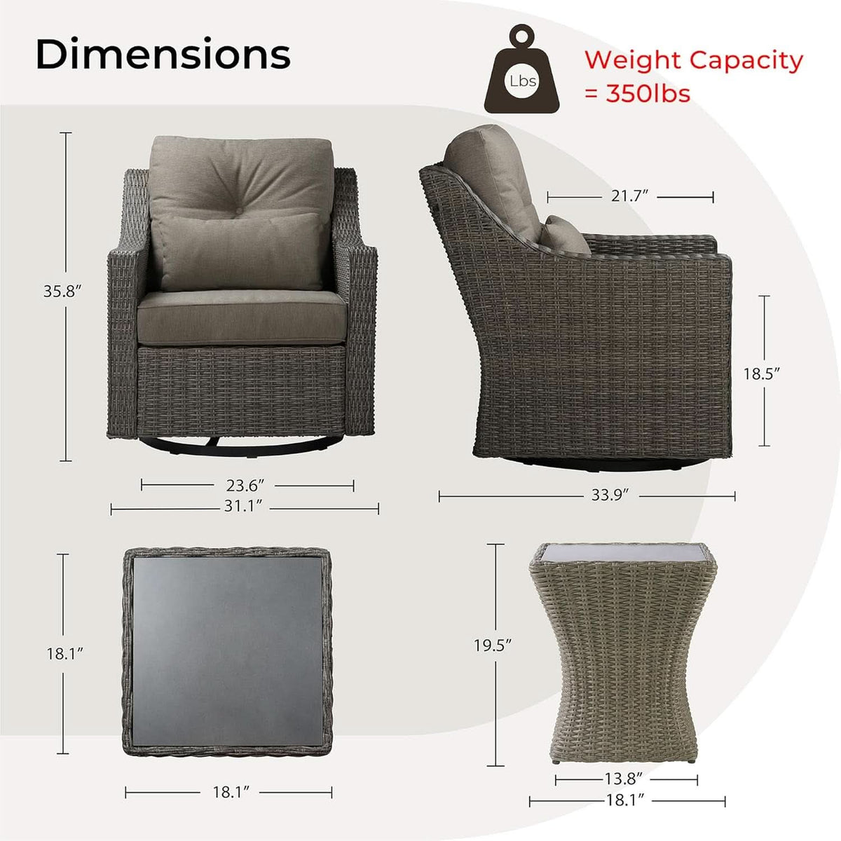 3 Piece Wicker Patio Bistro Set With Grey Cushions