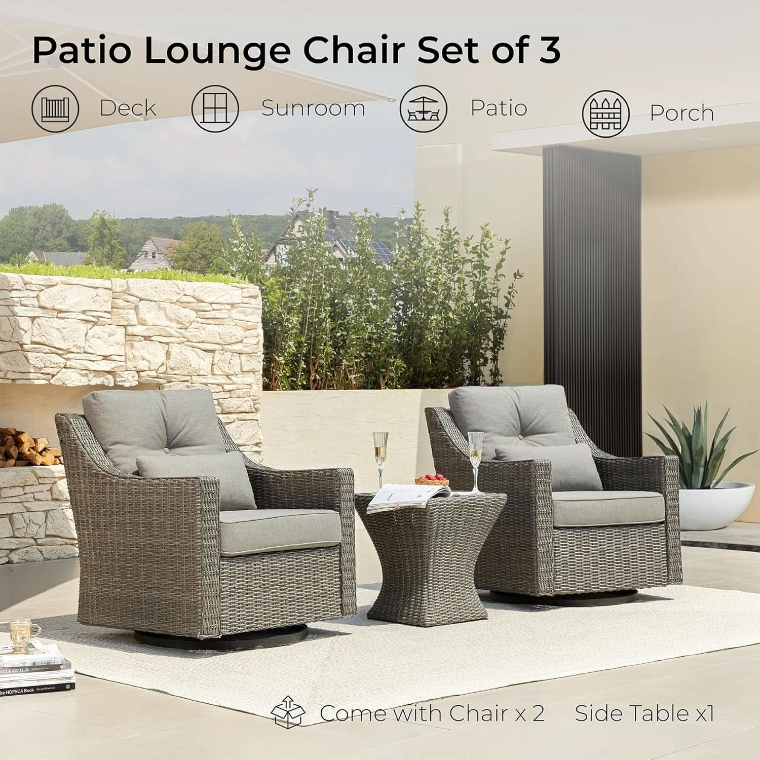 3 Piece Wicker Patio Bistro Set With Grey Cushions
