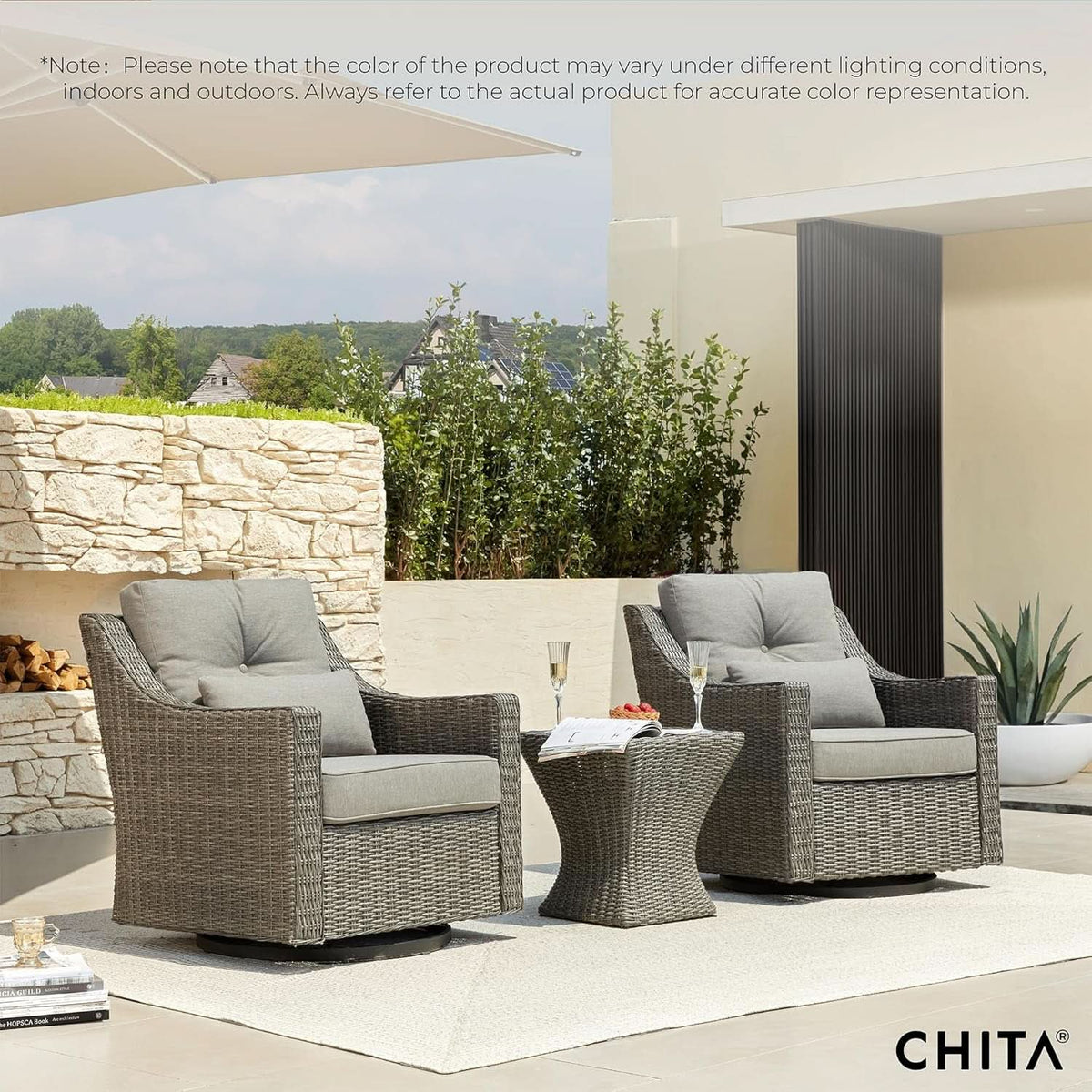 3 Piece Wicker Patio Bistro Set With Grey Cushions
