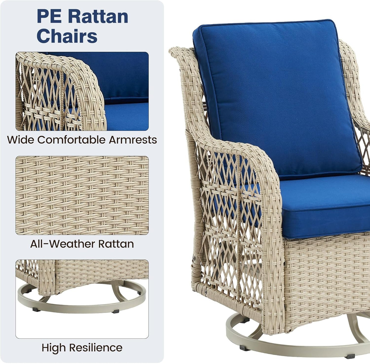 3 Piece Wicker Patio Furniture Set With 360 Degree Swivel Rocking Chairs And Rattan Side Table Light Beige