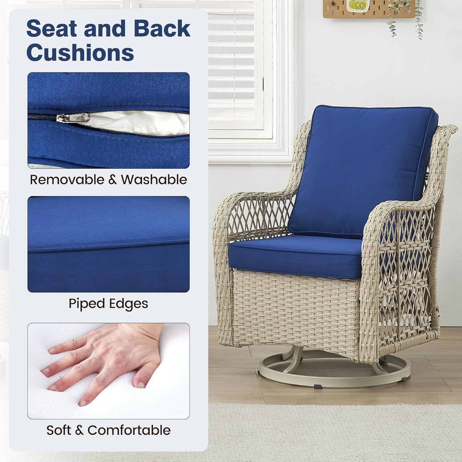 3 Piece Wicker Patio Furniture Set With 360 Degree Swivel Rocking Chairs And Rattan Side Table Light Beige