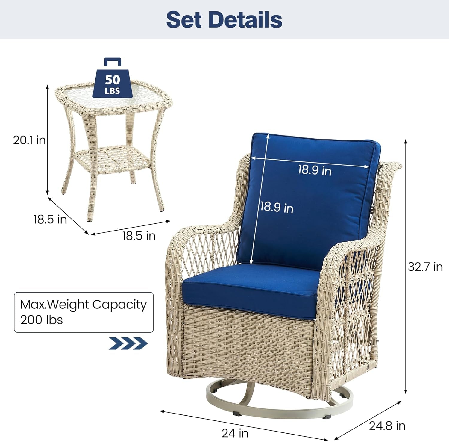 3 Piece Wicker Patio Furniture Set With 360 Degree Swivel Rocking Chairs And Rattan Side Table Light Beige