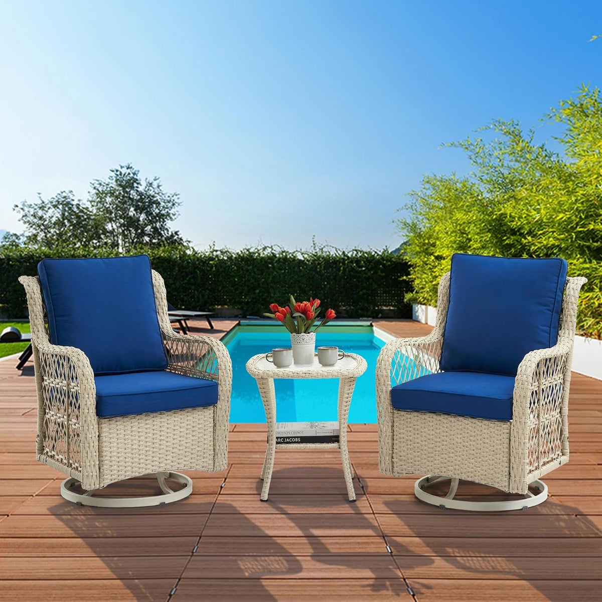 3 Piece Wicker Patio Furniture Set With 360 Degree Swivel Rocking Chairs And Rattan Side Table Light Beige