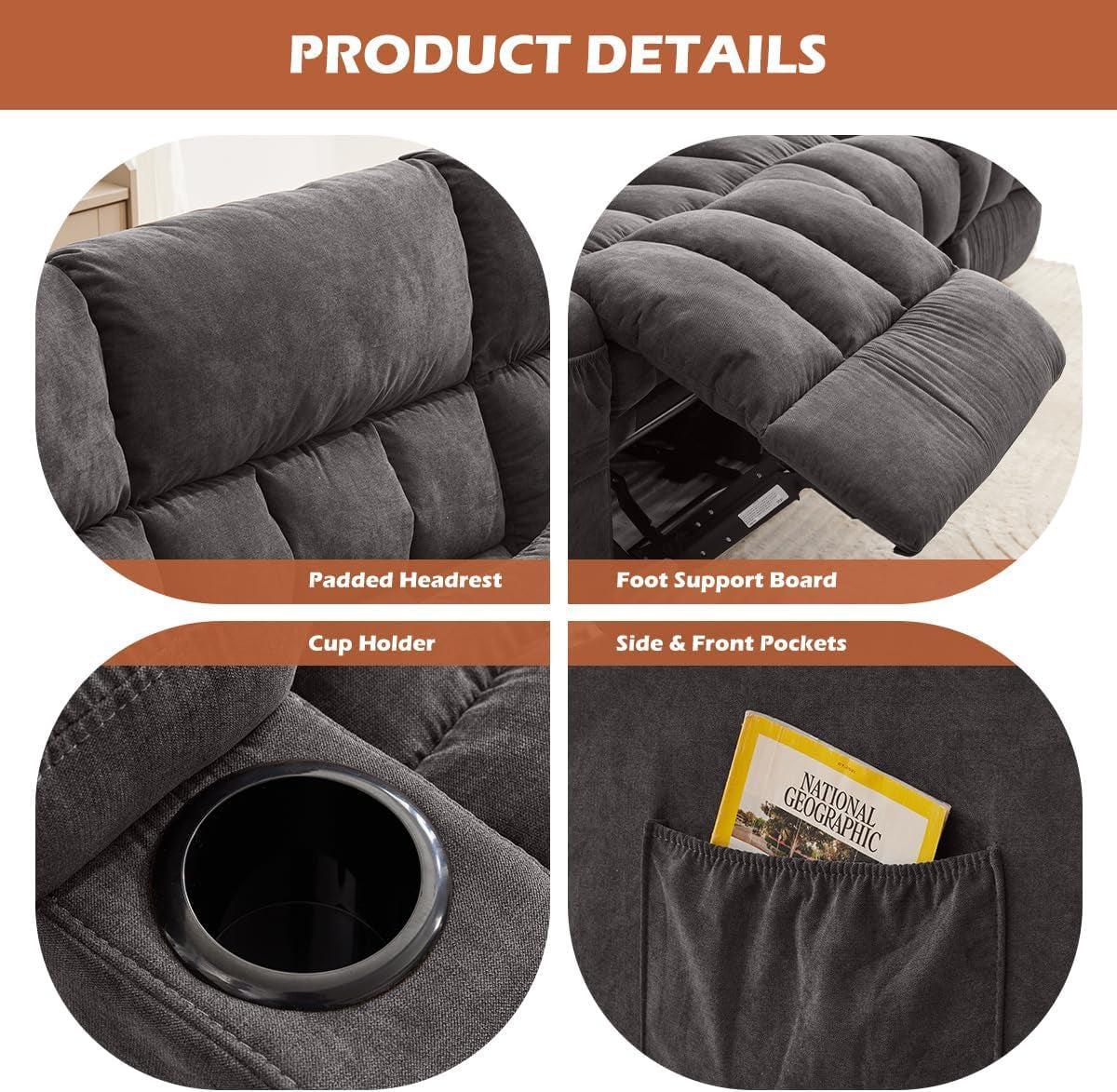 3 Seat Reclining Sofa With Cup Holders For Living Room