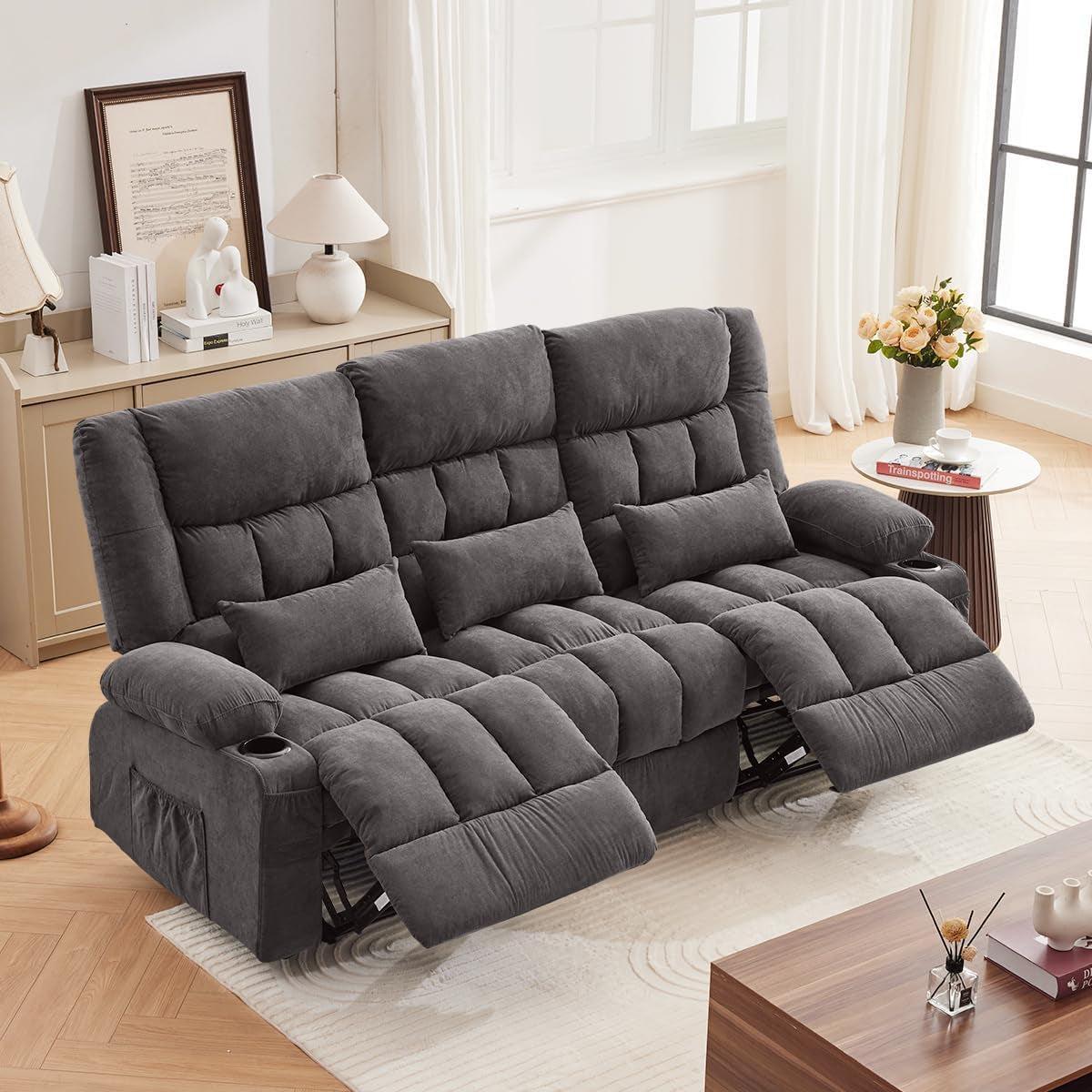 3 Seat Reclining Sofa With Cup Holders For Living Room