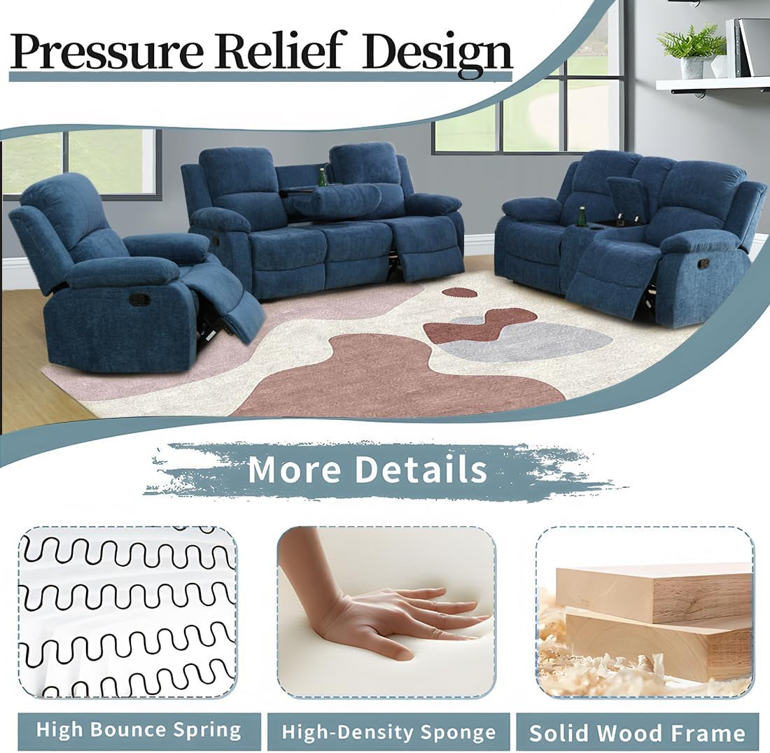 3 Seater Manual Recliner Sofa Blue Fabric With Cup Holders And Drop Down Table For Living Room