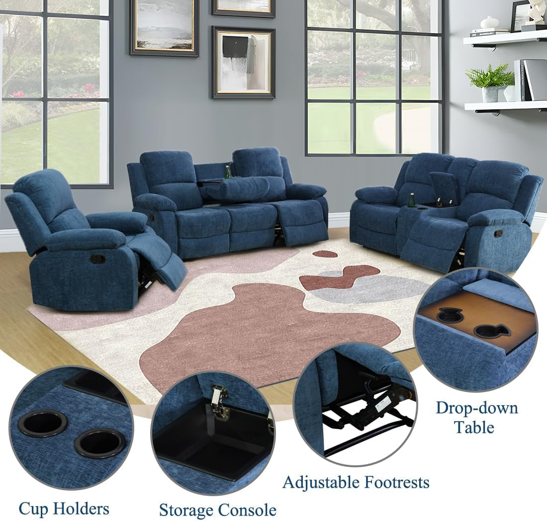 3 Seater Manual Recliner Sofa Blue Fabric With Cup Holders And Drop Down Table For Living Room