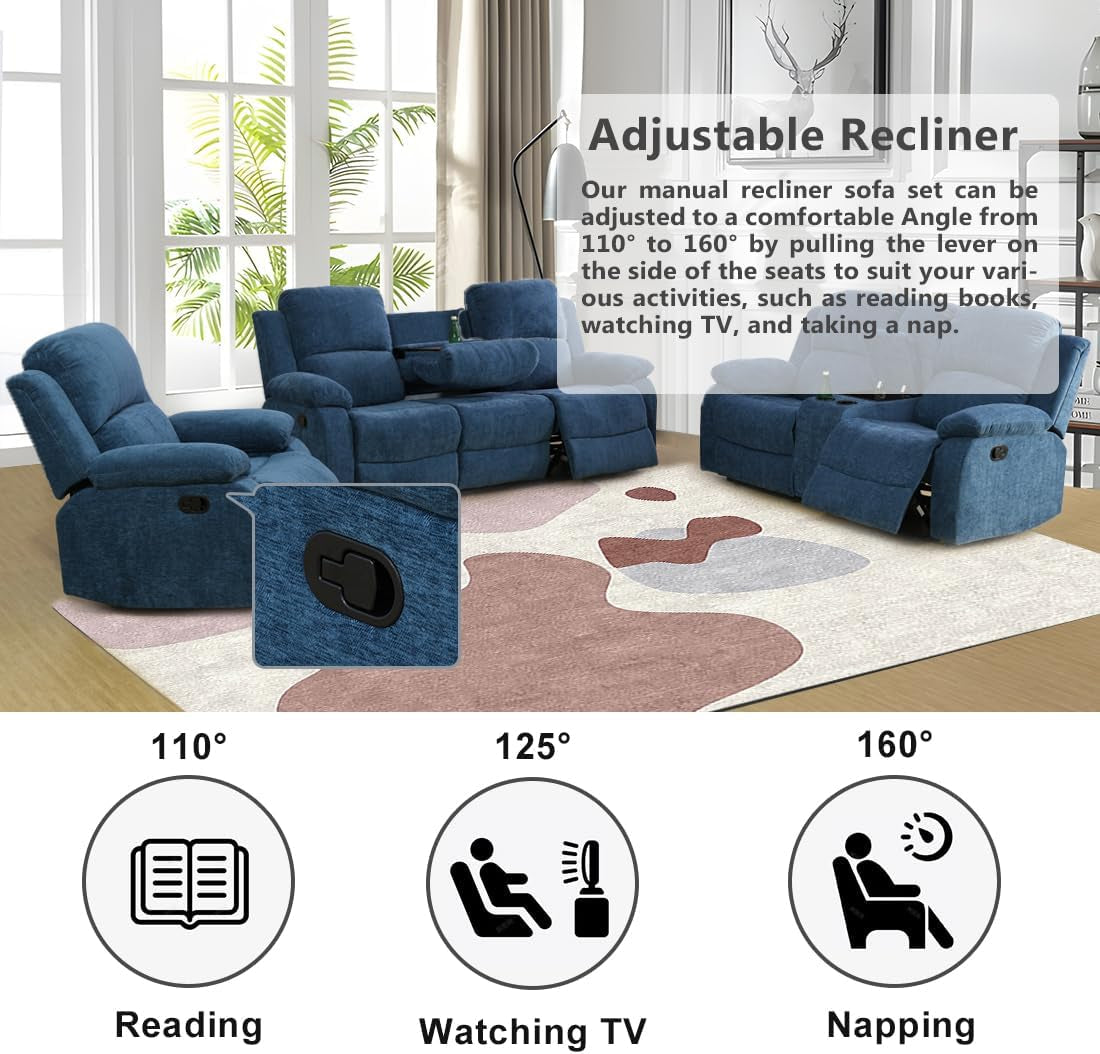 3 Seater Manual Recliner Sofa Blue Fabric With Cup Holders And Drop Down Table For Living Room