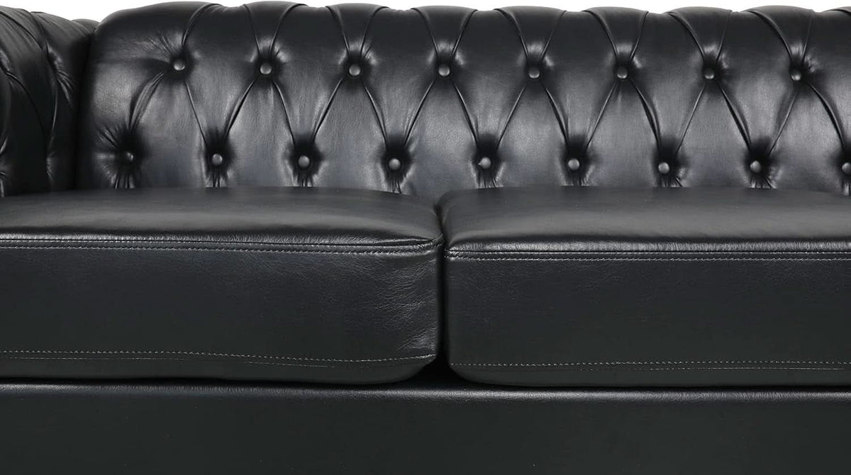 3 Seater PU Chesterfield Sofa Black Tufted Nailhead Trim
