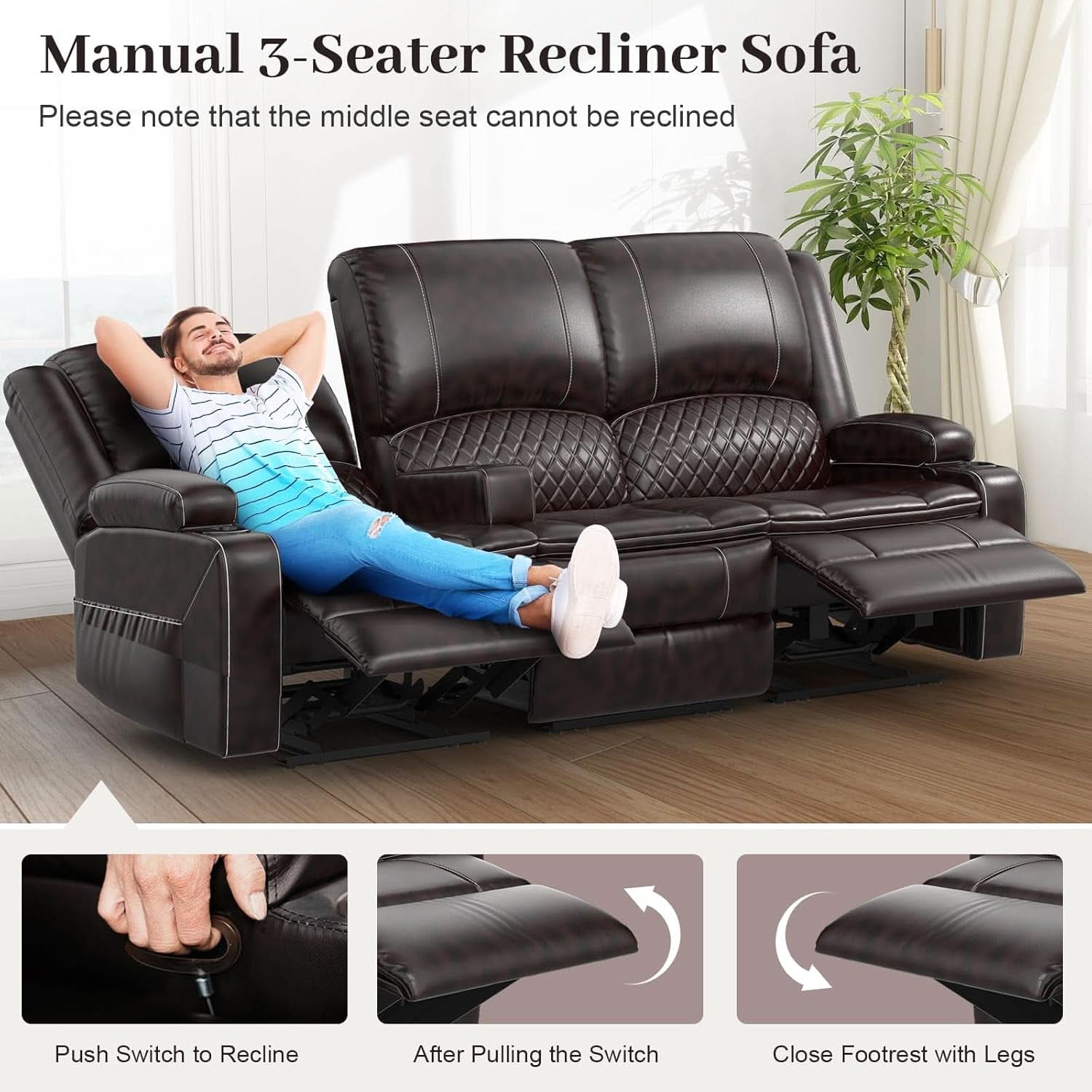 3 Seater Recliner Sofa With Hidden Storage Console