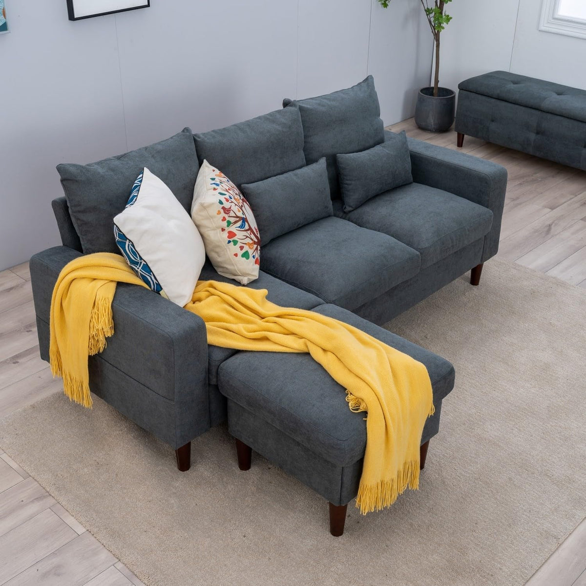 3 Seater Sofa With Ottoman Footstool Set L Shape Convertible Chaise Grey 195 Cm Living Room