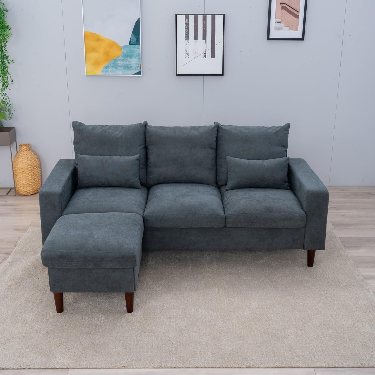 3 Seater Sofa With Ottoman Footstool Set L Shape Convertible Chaise Grey 195 Cm Living Room