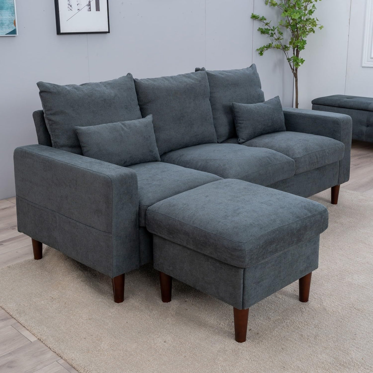 3 Seater Sofa With Ottoman Footstool Set L Shape Convertible Chaise Grey 195 Cm Living Room