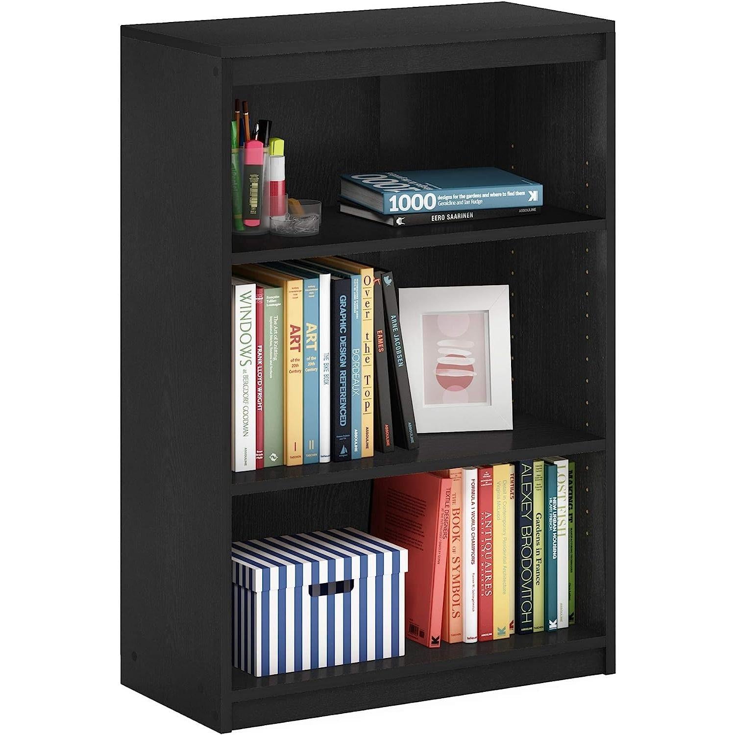 3 Shelf Adjustable Wood Bookcase In Blackwood Finish