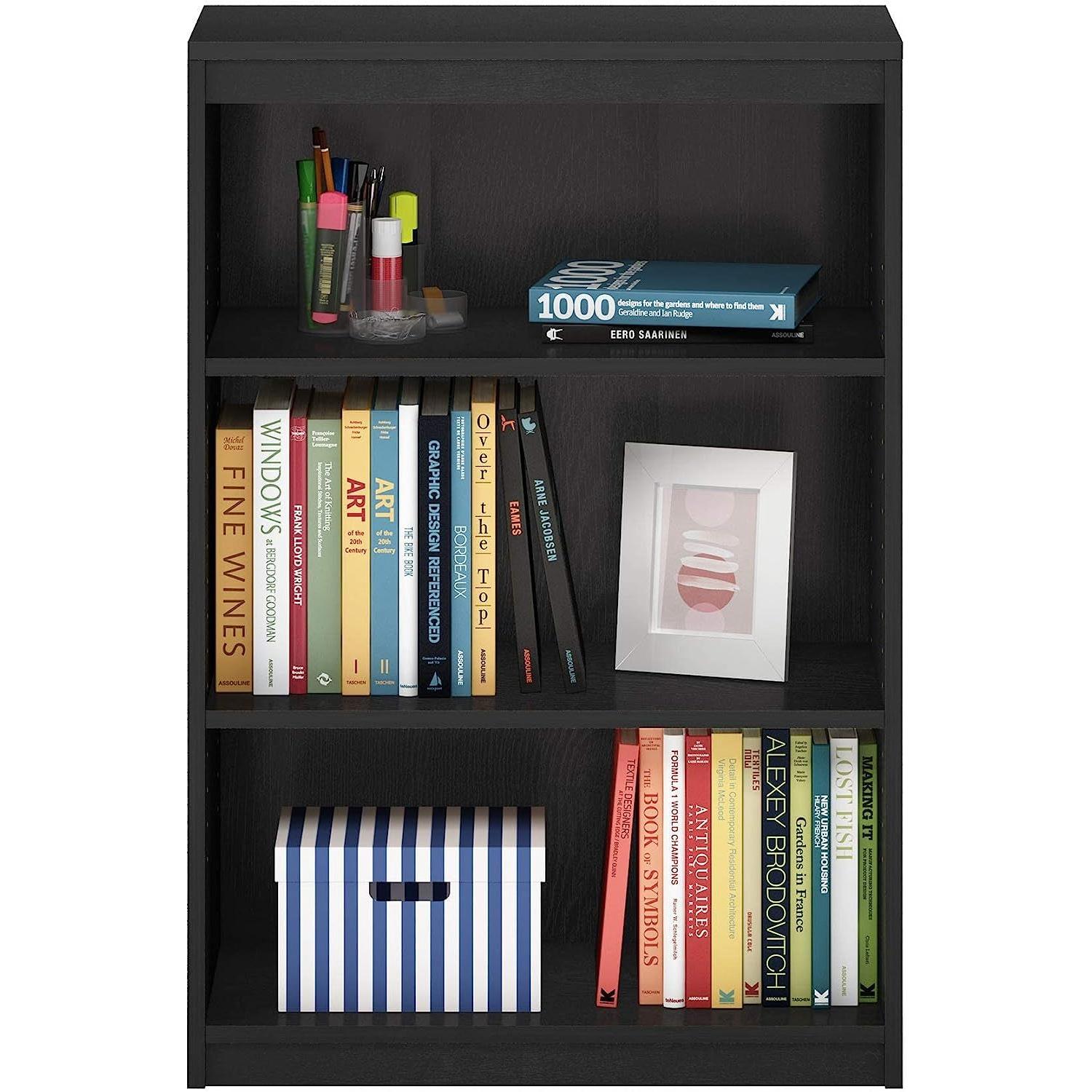 3 Shelf Adjustable Wood Bookcase In Blackwood Finish