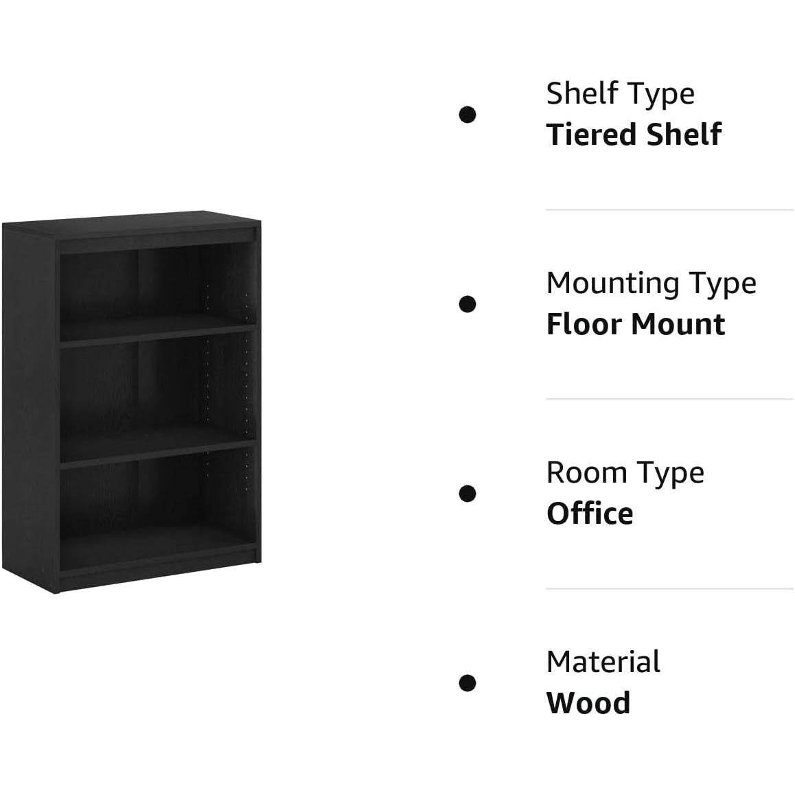 3 Shelf Adjustable Wood Bookcase In Blackwood Finish