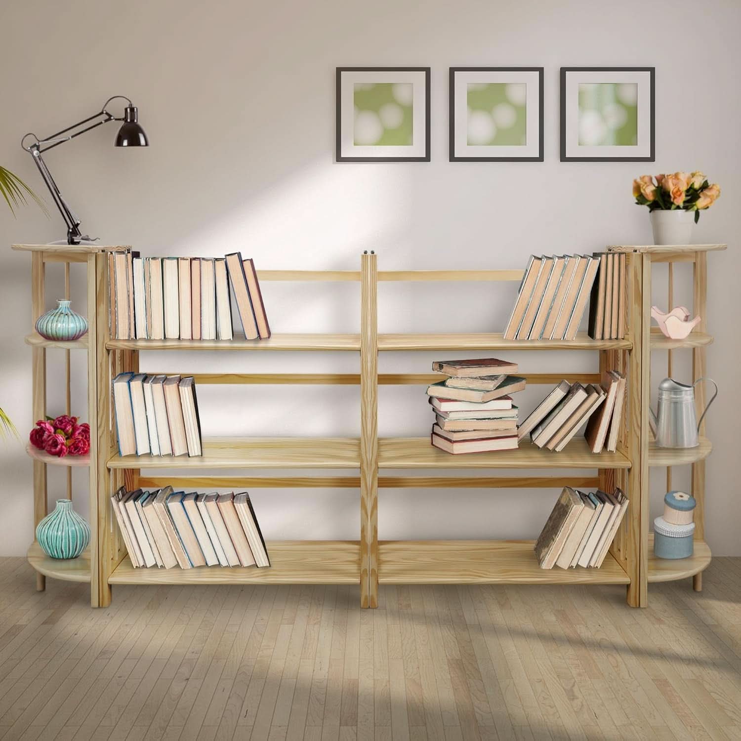3-Shelf Folding Stackable Bookcase 27.5 Inch Wide Honey Oak