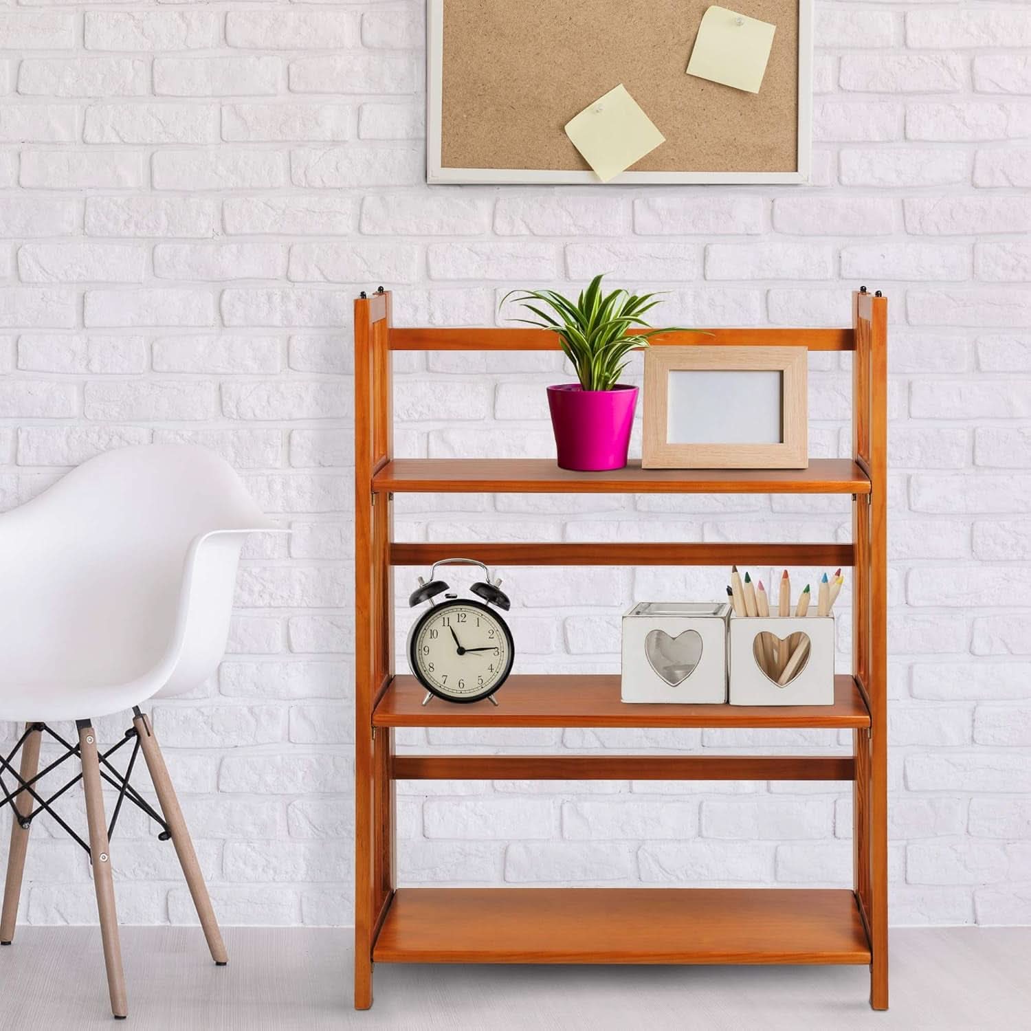 3-Shelf Folding Stackable Bookcase 27.5 Inch Wide Honey Oak